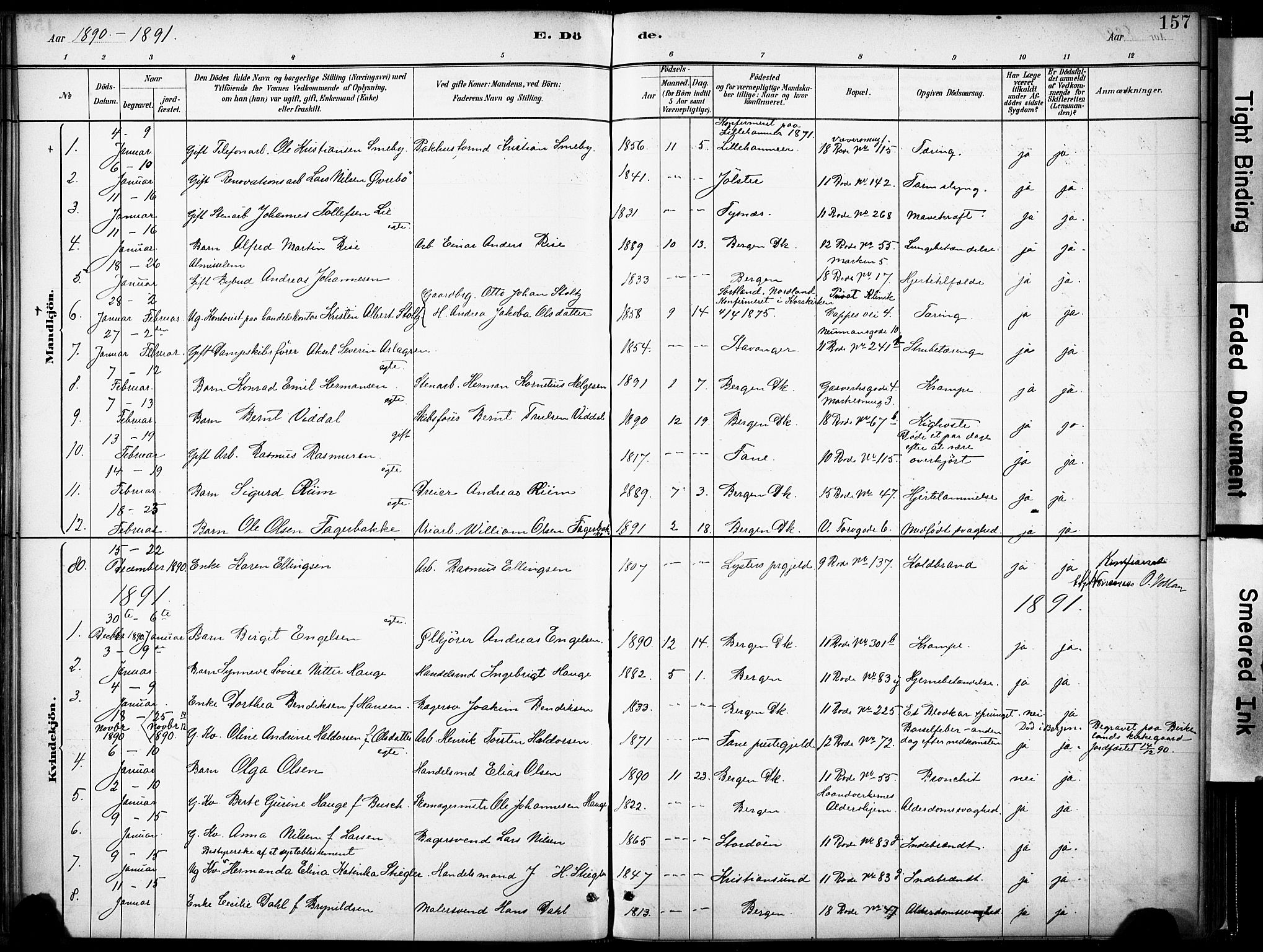 Domkirken sokneprestembete, SAB/A-74801/H/Haa/L0043: Parish register (official) no. E 5, 1882-1904, p. 157
