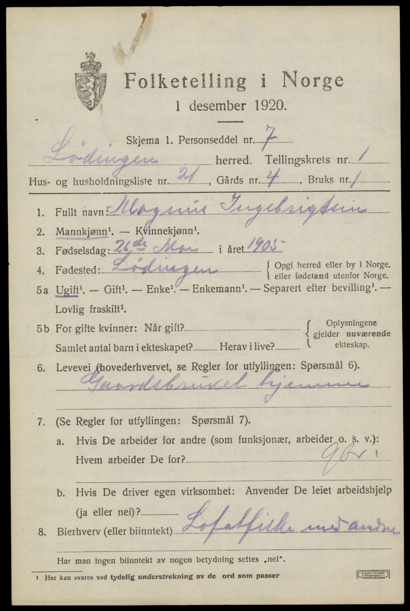 SAT, 1920 census for Lødingen, 1920, p. 1327