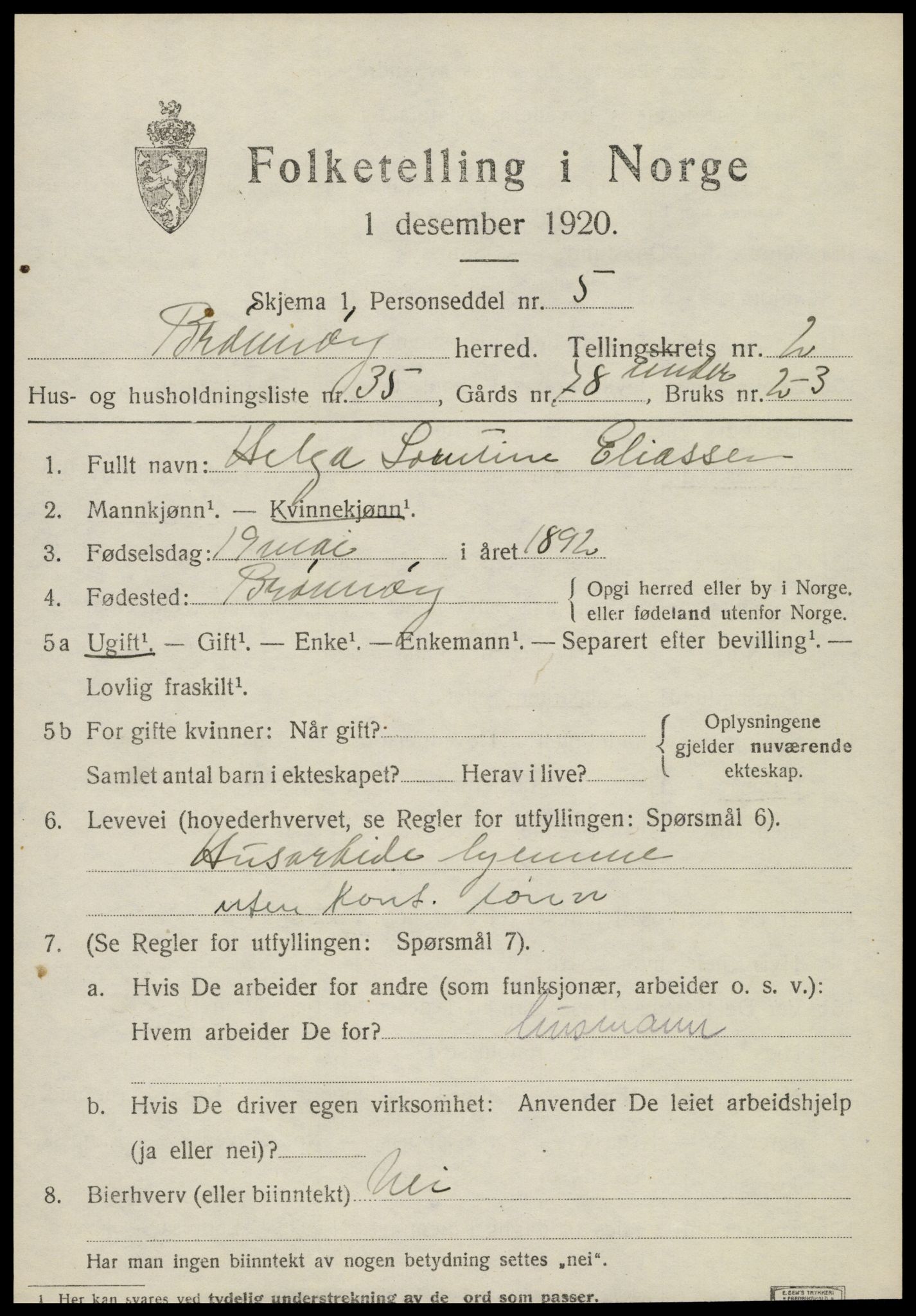 SAT, 1920 census for Brønnøy, 1920, p. 2318