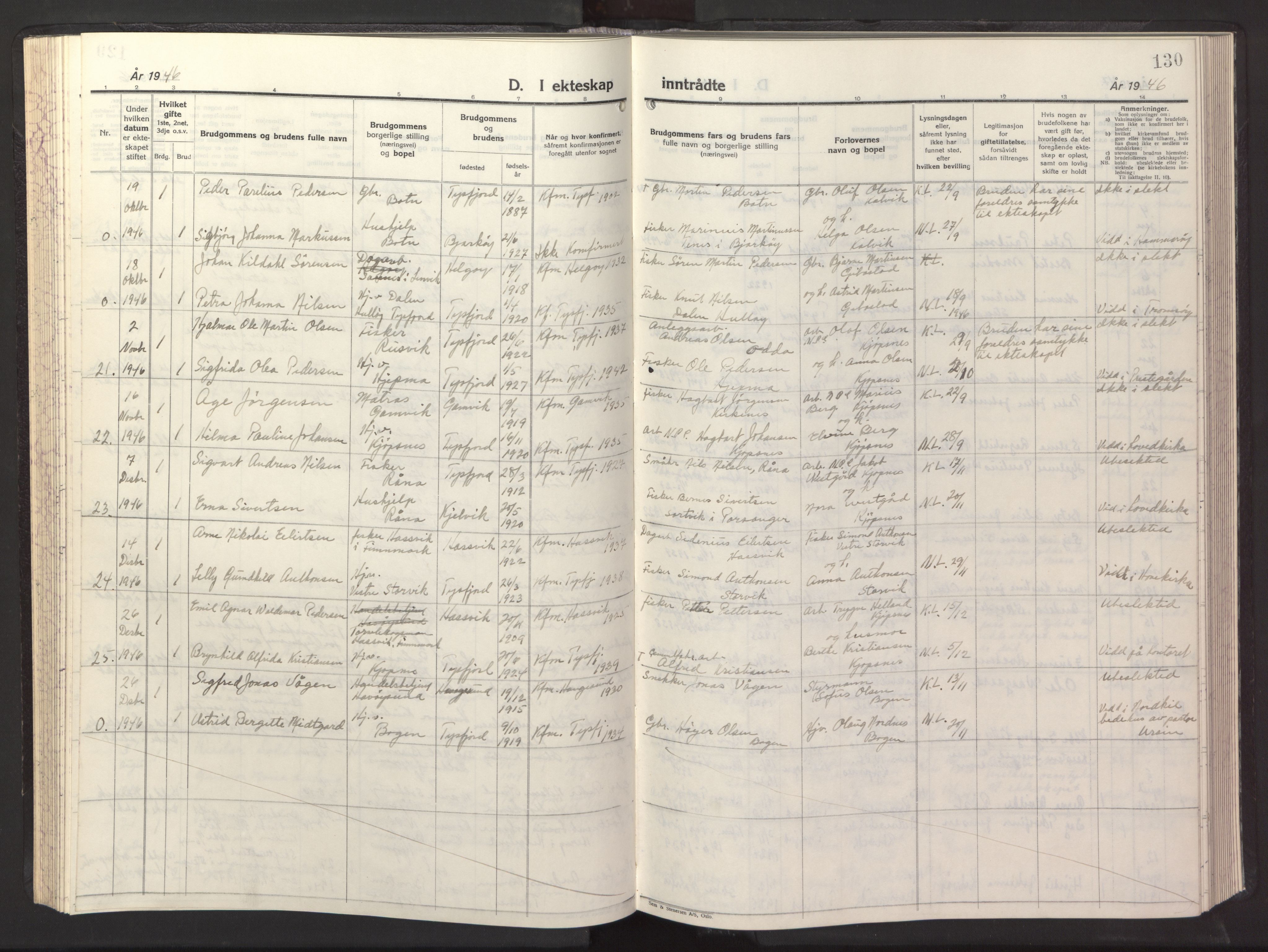 Ministerialprotokoller, klokkerbøker og fødselsregistre - Nordland, AV/SAT-A-1459/861/L0882: Parish register (copy) no. 861C08, 1945-1950, p. 130