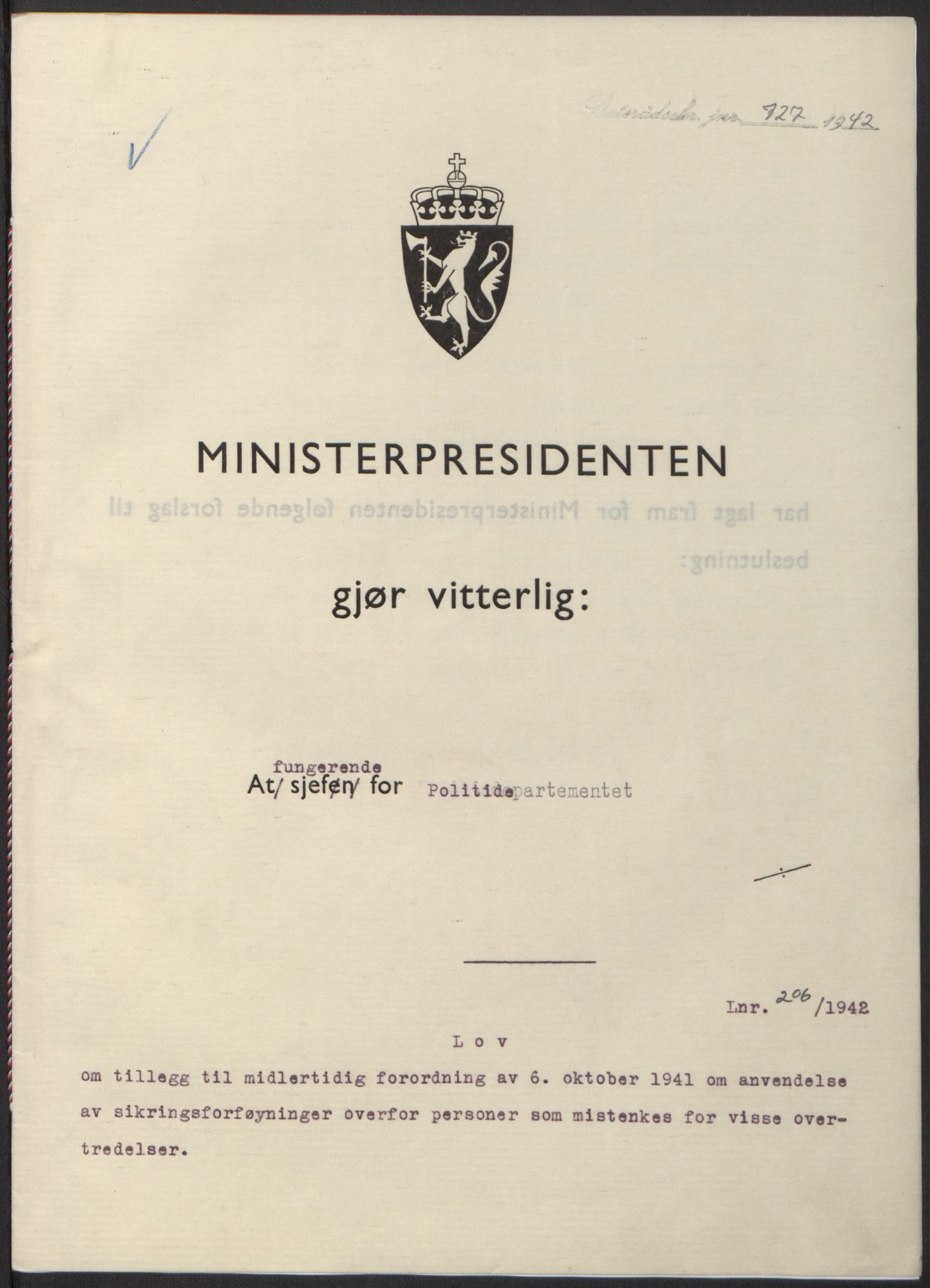NS-administrasjonen 1940-1945 (Statsrådsekretariatet, de kommisariske statsråder mm), RA/S-4279/D/Db/L0098: Lover II, 1942, p. 448