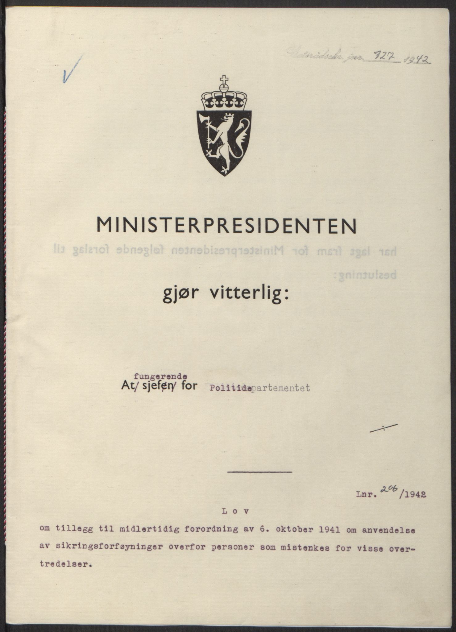 NS-administrasjonen 1940-1945 (Statsrådsekretariatet, de kommisariske statsråder mm), AV/RA-S-4279/D/Db/L0098: Lover II, 1942, p. 448