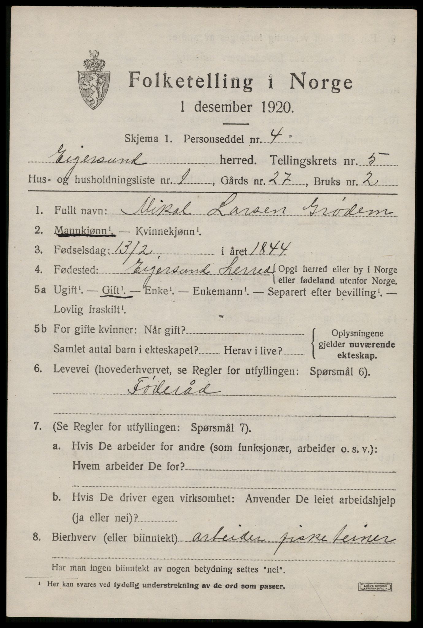 SAST, 1920 census for Eigersund, 1920, p. 3603