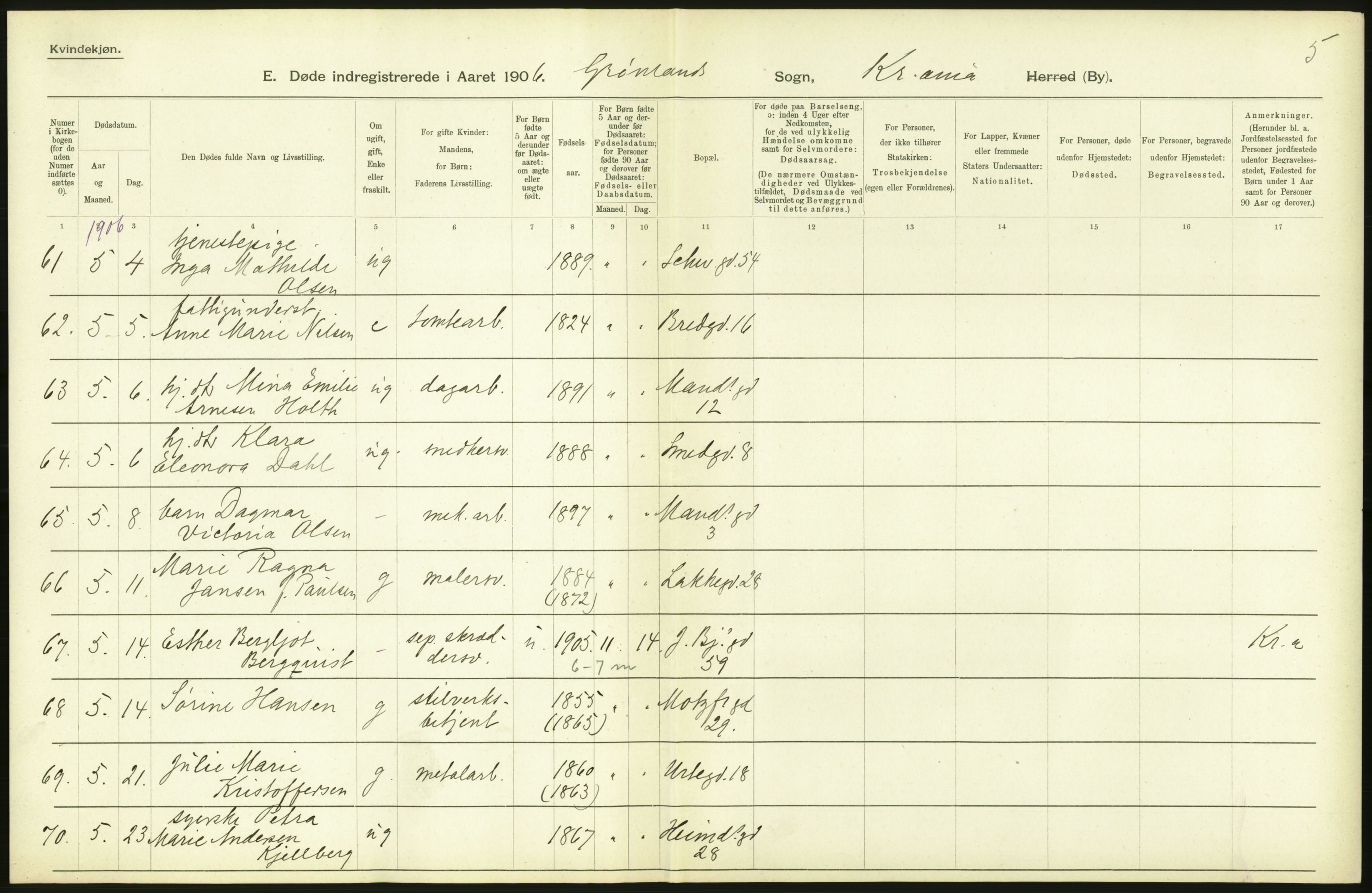 Statistisk sentralbyrå, Sosiodemografiske emner, Befolkning, AV/RA-S-2228/D/Df/Dfa/Dfad/L0009: Kristiania: Døde, 1906, p. 22