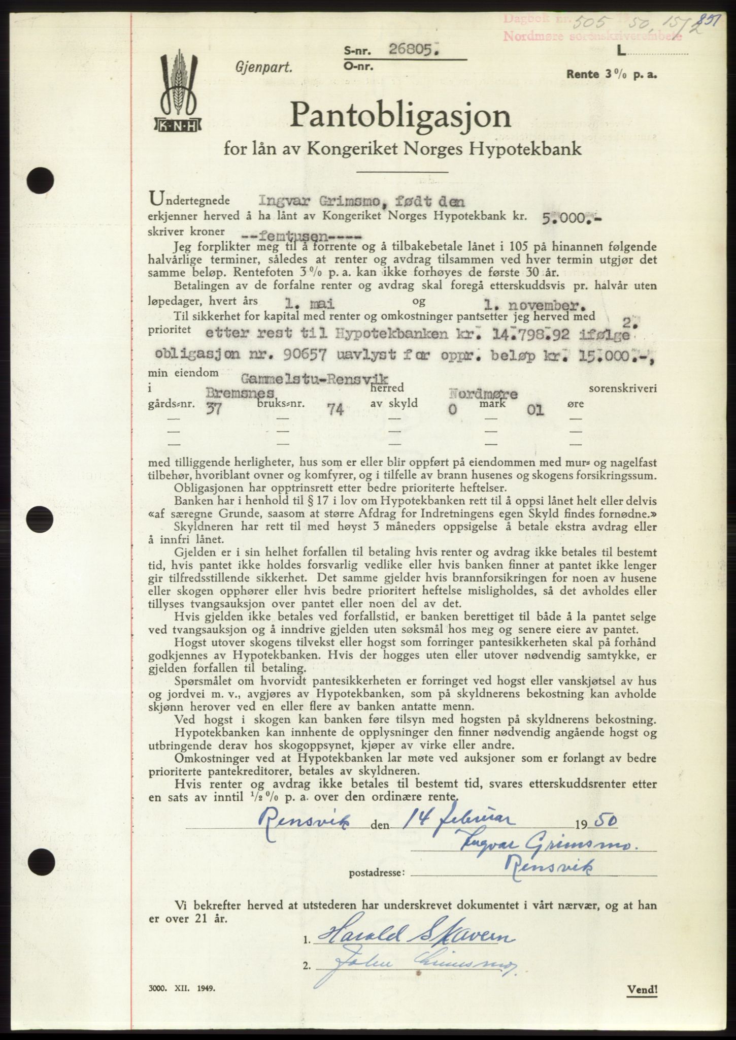 Nordmøre sorenskriveri, AV/SAT-A-4132/1/2/2Ca: Mortgage book no. B103, 1949-1950, Diary no: : 505/1950