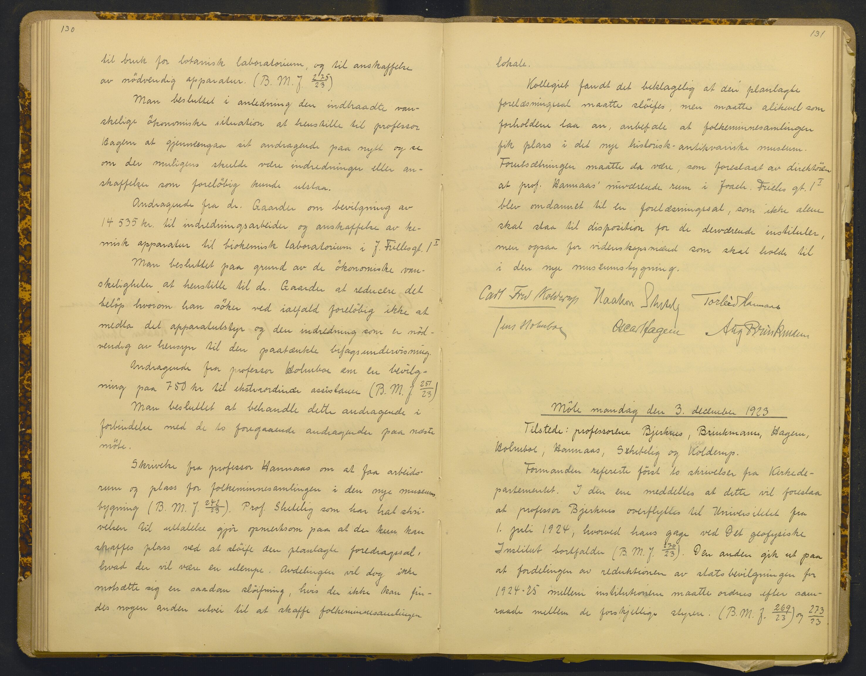 Bergens Museum, AV/SAB-A-17301/18/A/L0001: Bestyrerkollegiets forhandlingsprotokoll med register , 1907-1927, p. 130-131
