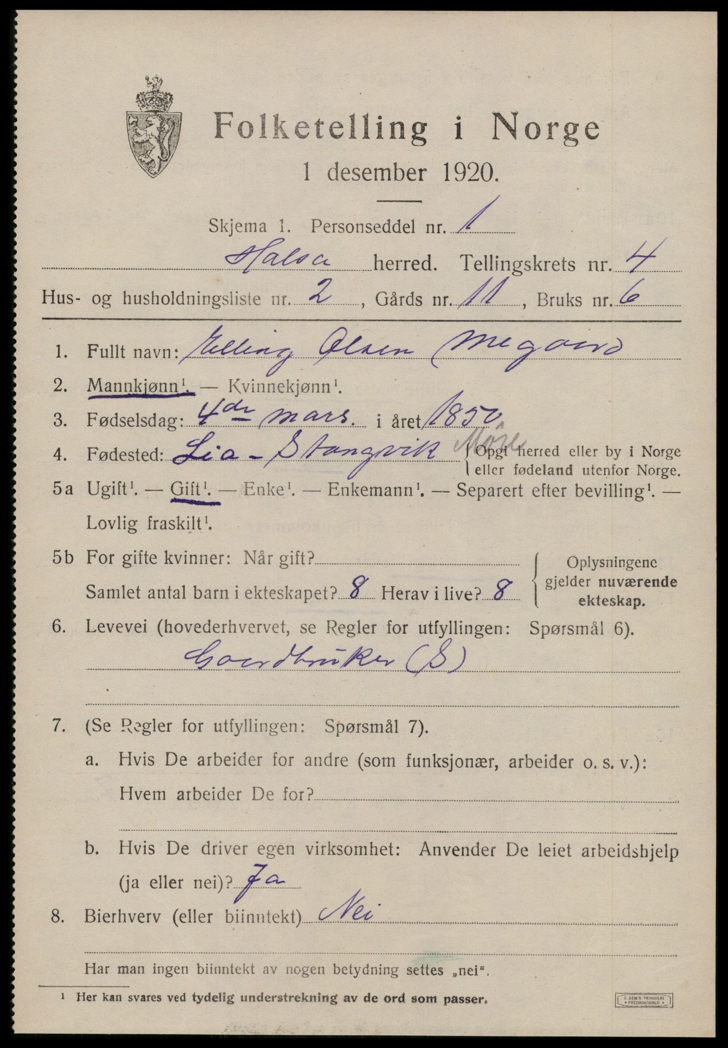 SAT, 1920 census for Halsa, 1920, p. 1639