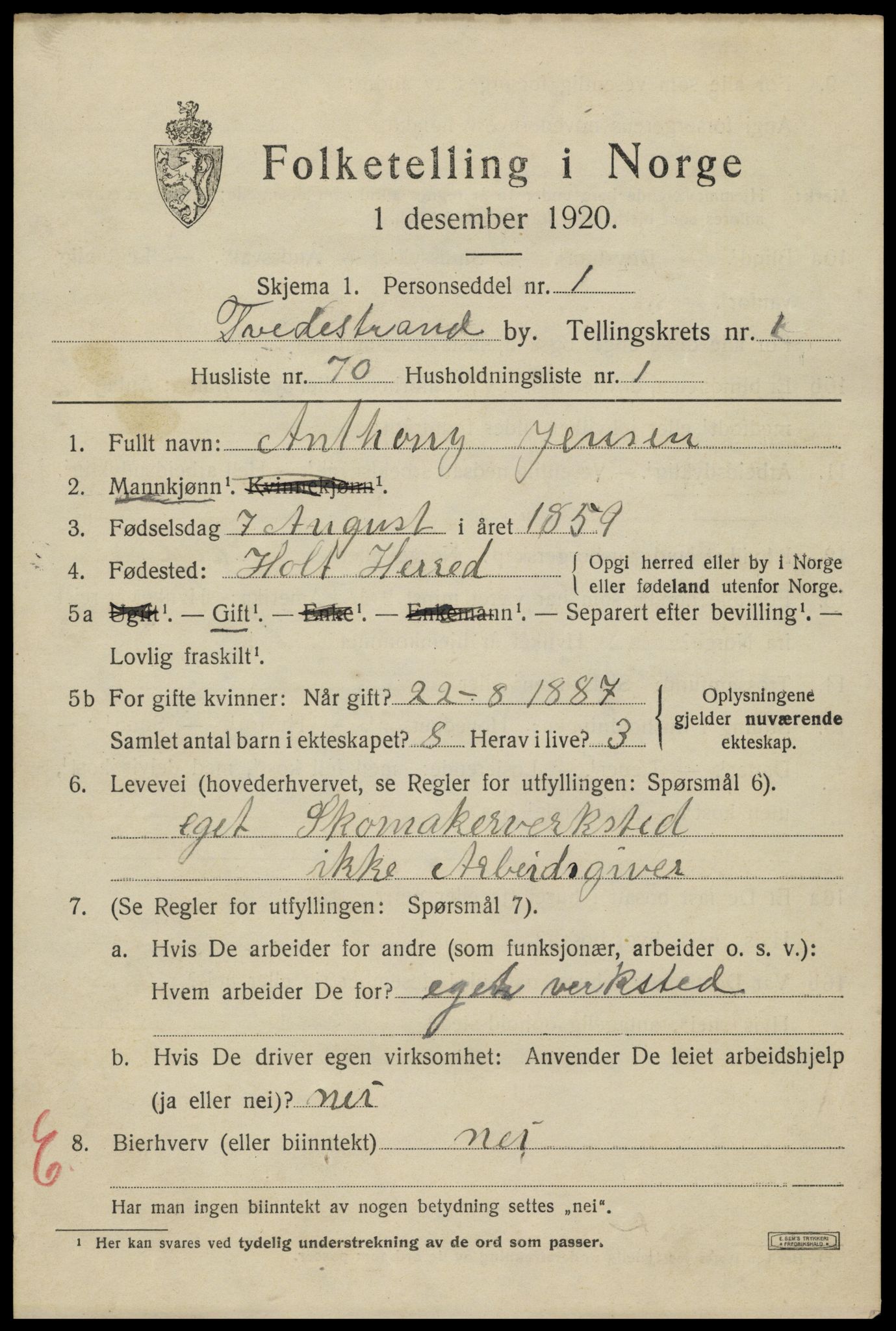 SAK, 1920 census for Tvedestrand, 1920, p. 2103