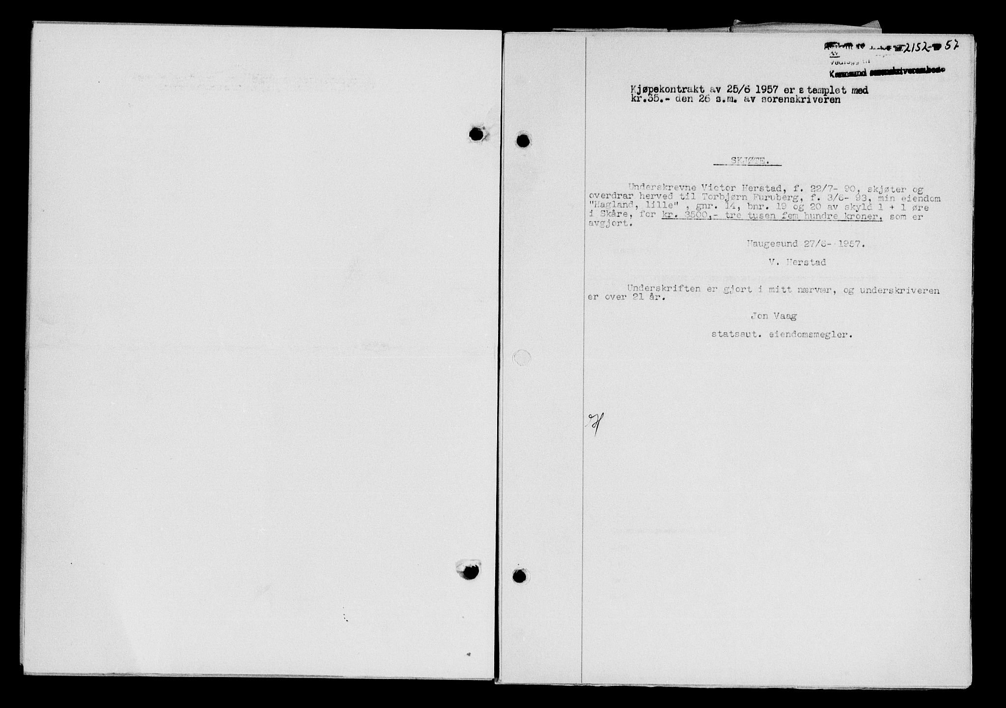 Karmsund sorenskriveri, AV/SAST-A-100311/01/II/IIB/L0125: Mortgage book no. 105A, 1957-1957, Diary no: : 2152/1957