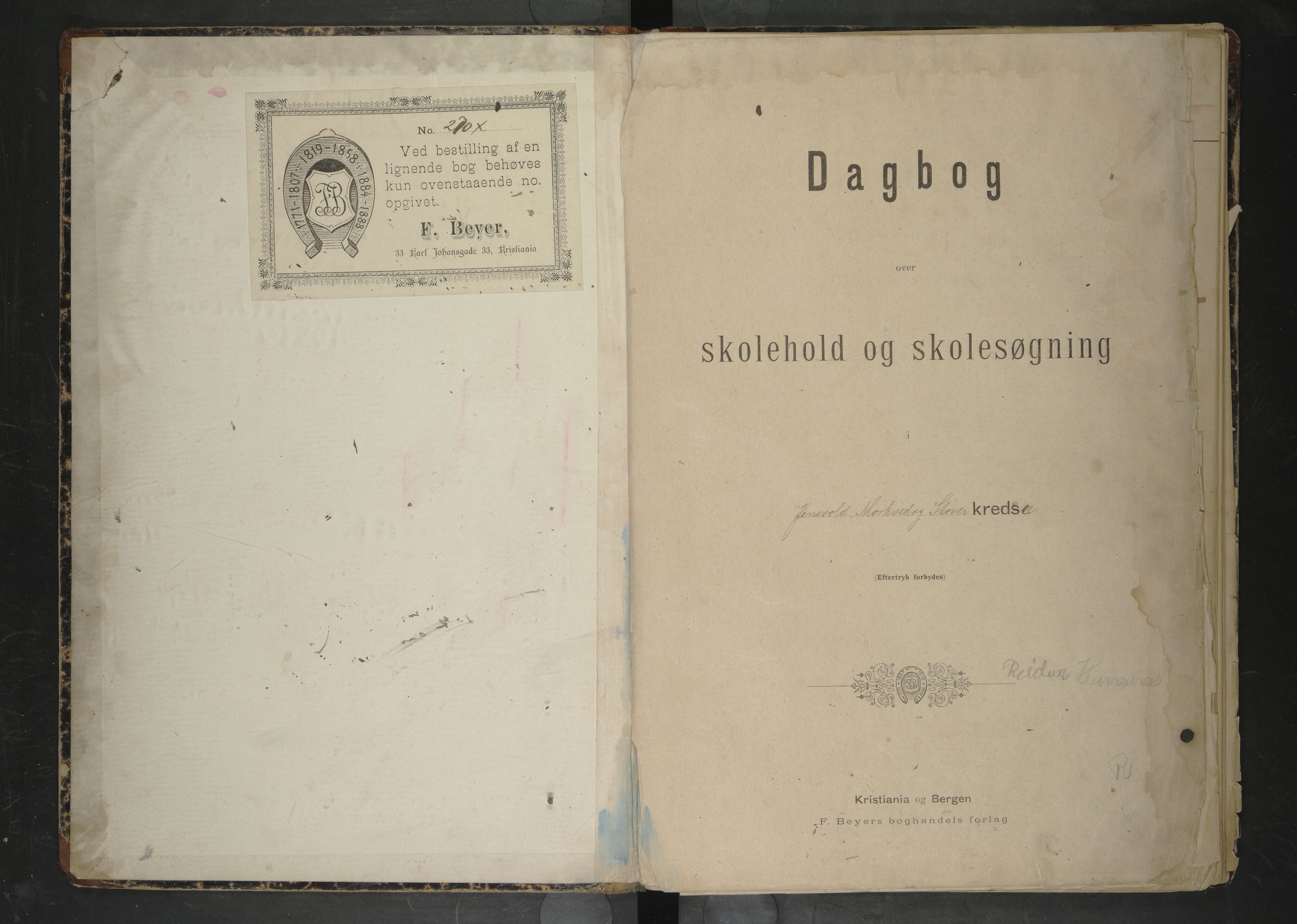 Bodin kommune. Ymse skolekretser/skoler, AIN/K-18431.510.12/F/Fa/L0021: Dagbok over skolehold og skolesøkning. Jensvold, Mørkved, Støver, Valle, 1893-1906