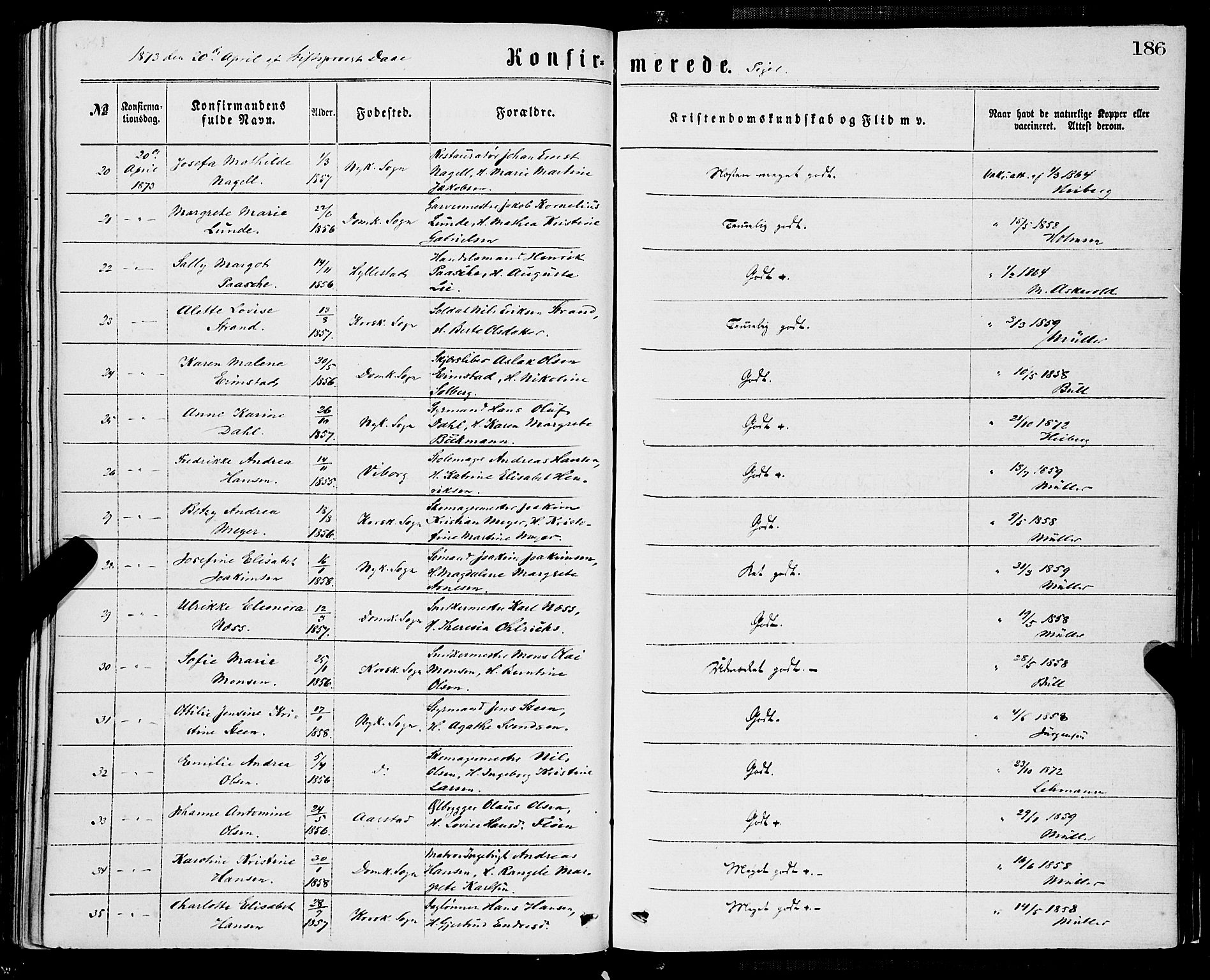 Domkirken sokneprestembete, SAB/A-74801/H/Haa/L0029: Parish register (official) no. C 4, 1864-1879, p. 186