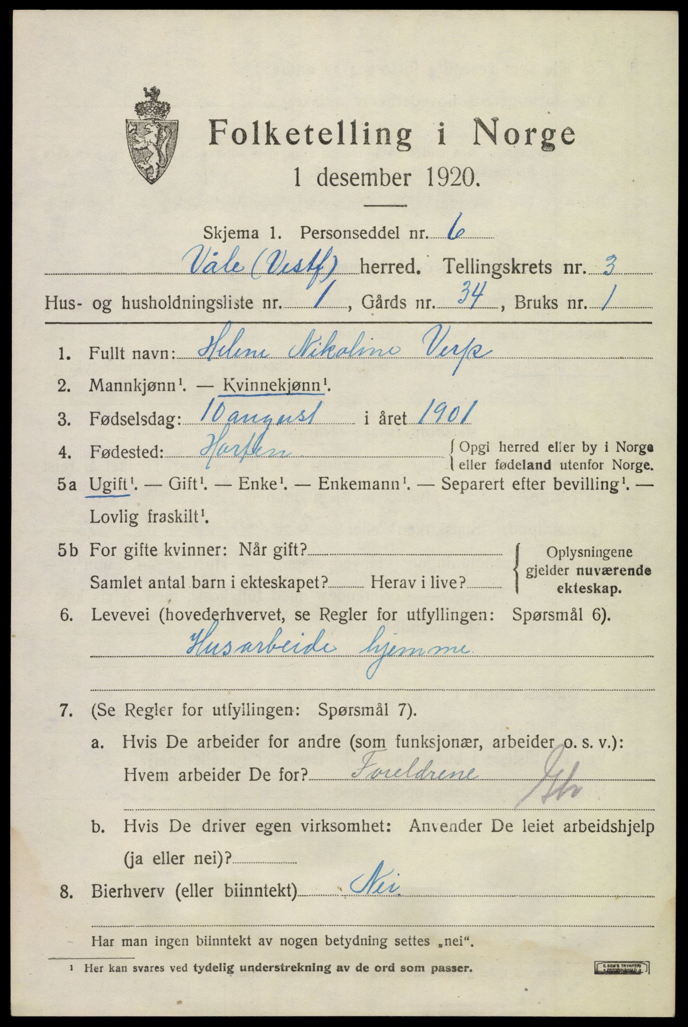 SAKO, 1920 census for Våle, 1920, p. 2304