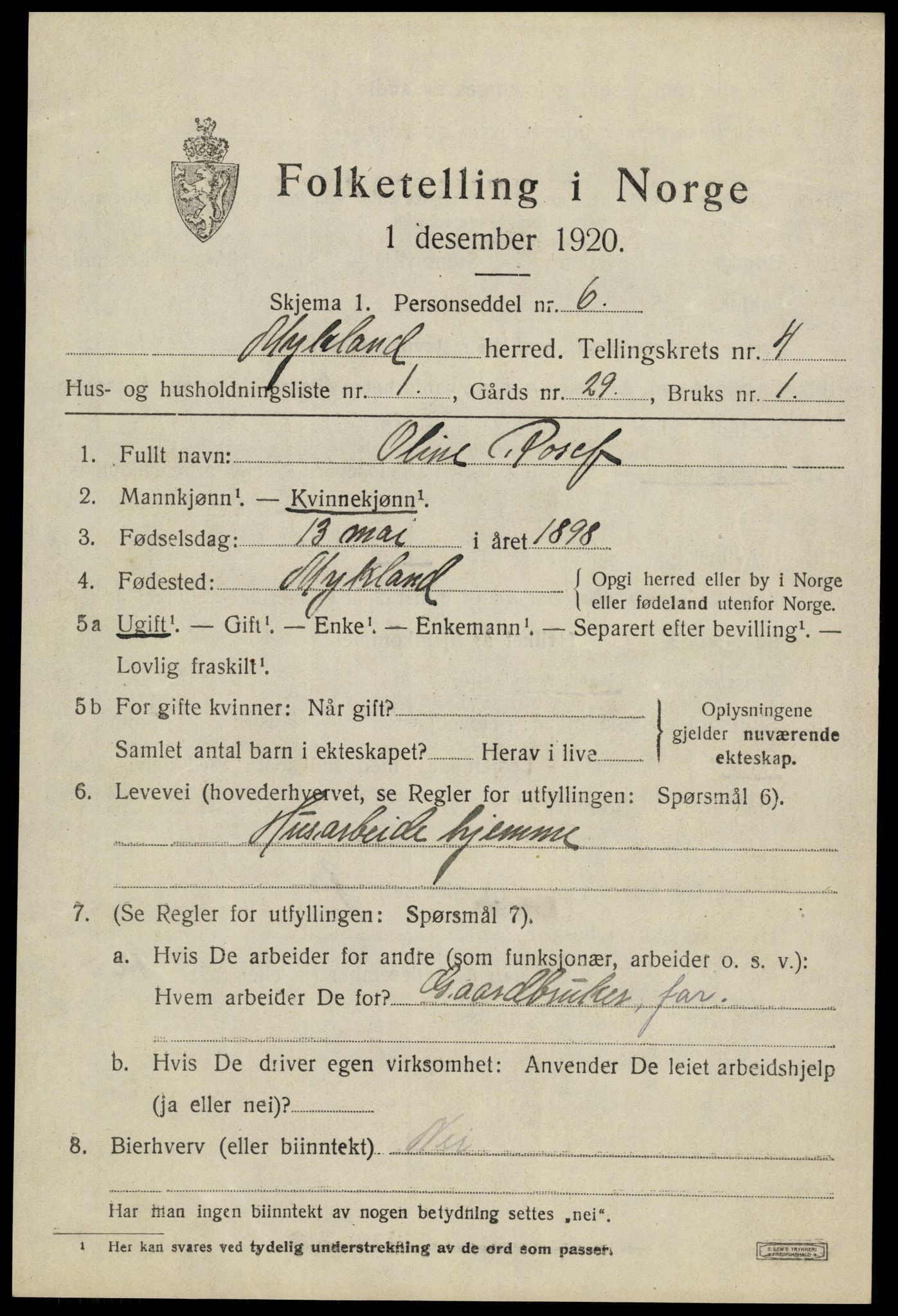 SAK, 1920 census for Mykland, 1920, p. 1332