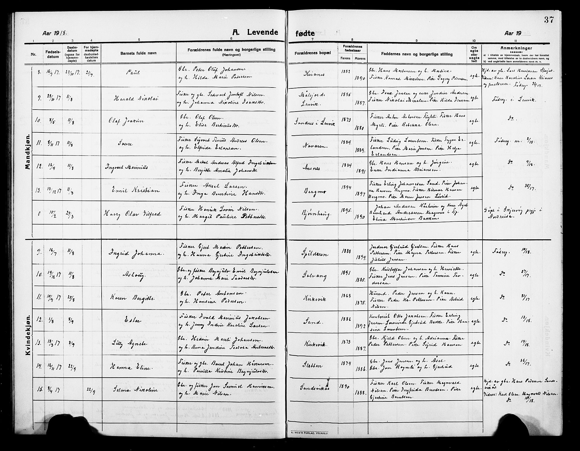 Balsfjord sokneprestembete, AV/SATØ-S-1303/G/Gab/L0004klokker: Parish register (copy) no. 4, 1910-1926, p. 37