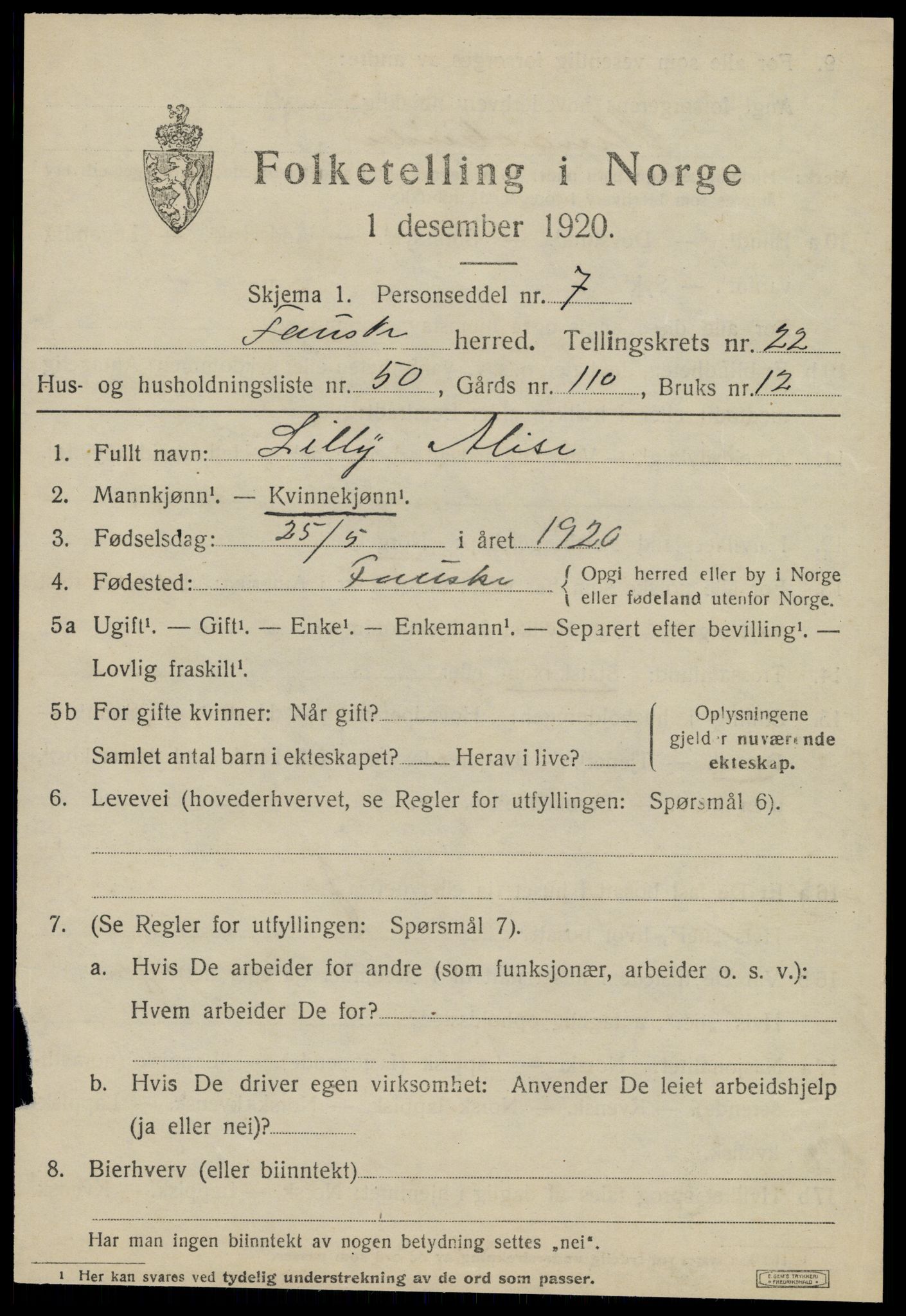 SAT, 1920 census for Fauske, 1920, p. 14168