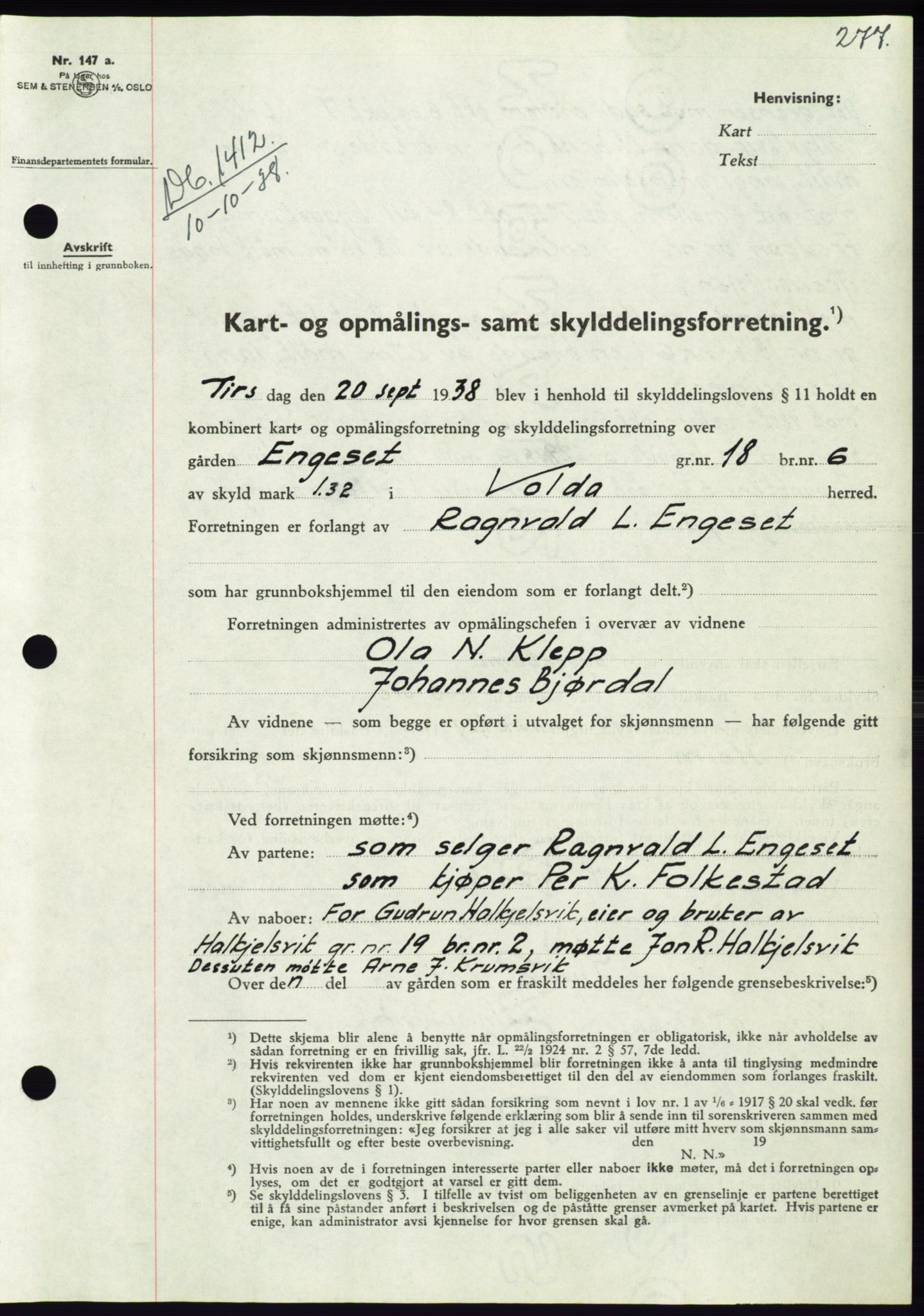 Søre Sunnmøre sorenskriveri, AV/SAT-A-4122/1/2/2C/L0066: Mortgage book no. 60, 1938-1938, Diary no: : 1412/1938