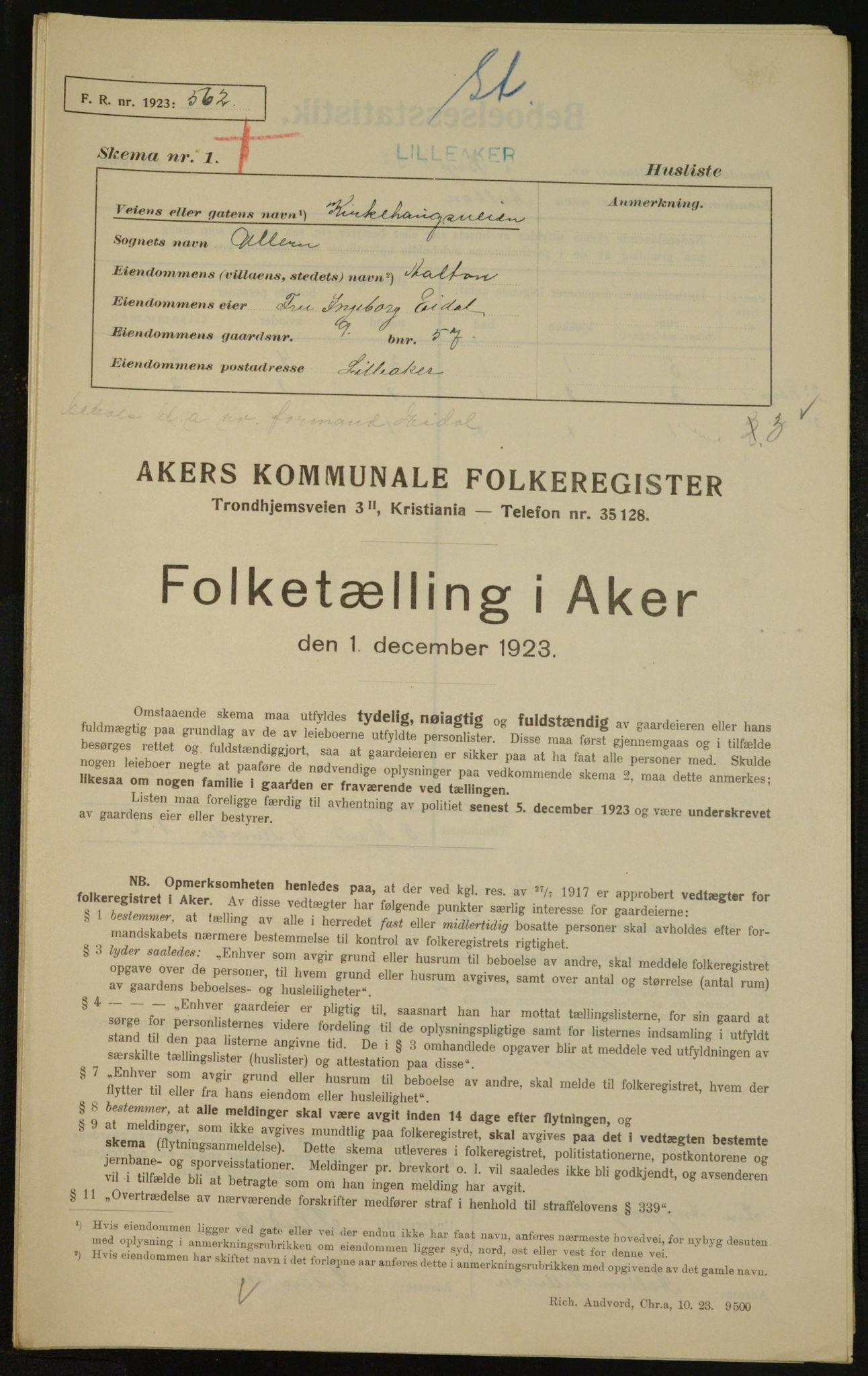 , Municipal Census 1923 for Aker, 1923, p. 3275