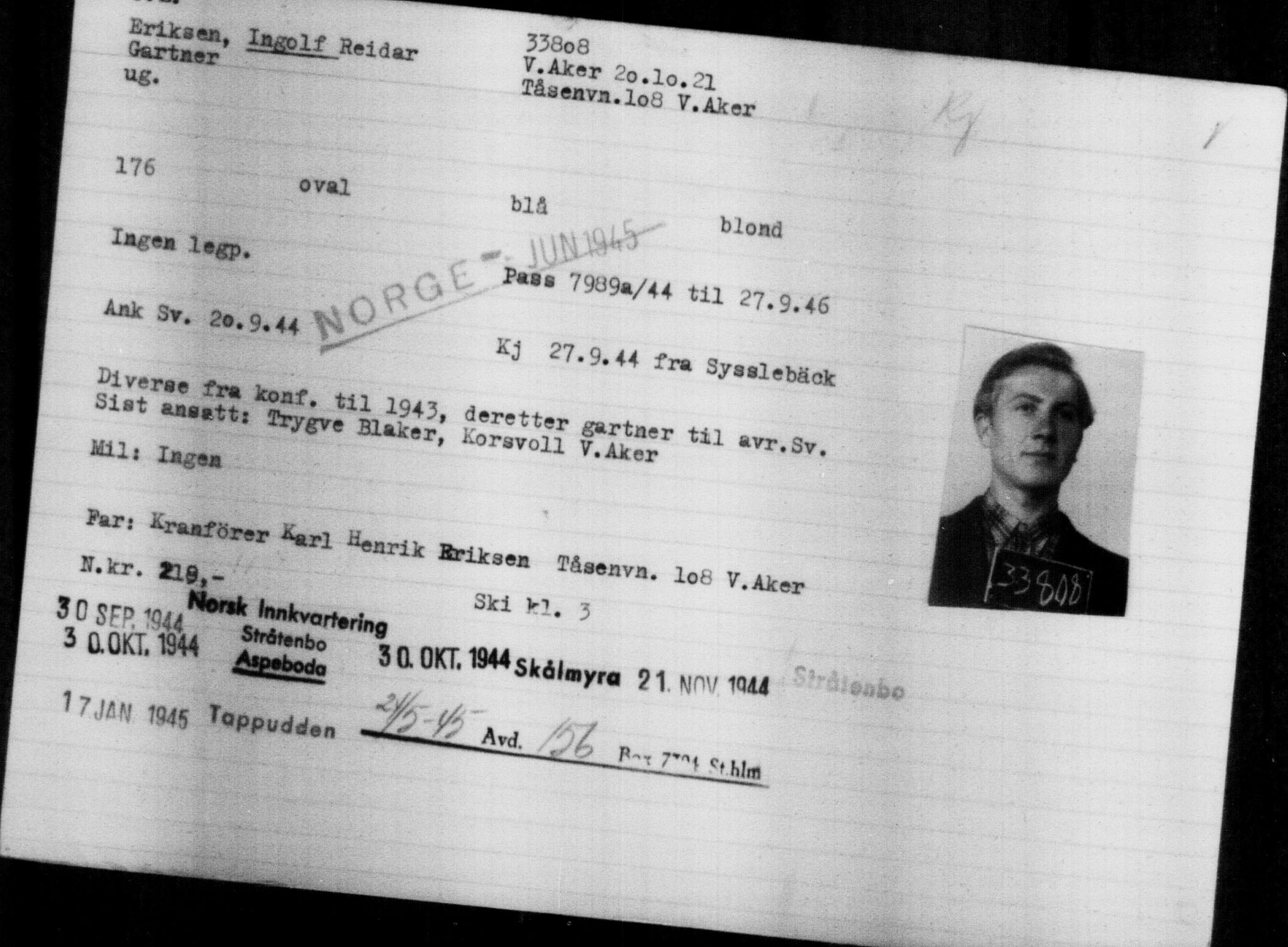 Utenriksstasjonene, Legasjonen i Stockholm, Flyktningkontoret, AV/RA-S-6753/V/Va/L0013: Kjesäterkartoteket, flyktninger med registreringsnr. 31500-34731, 1940-1945, p. 2436