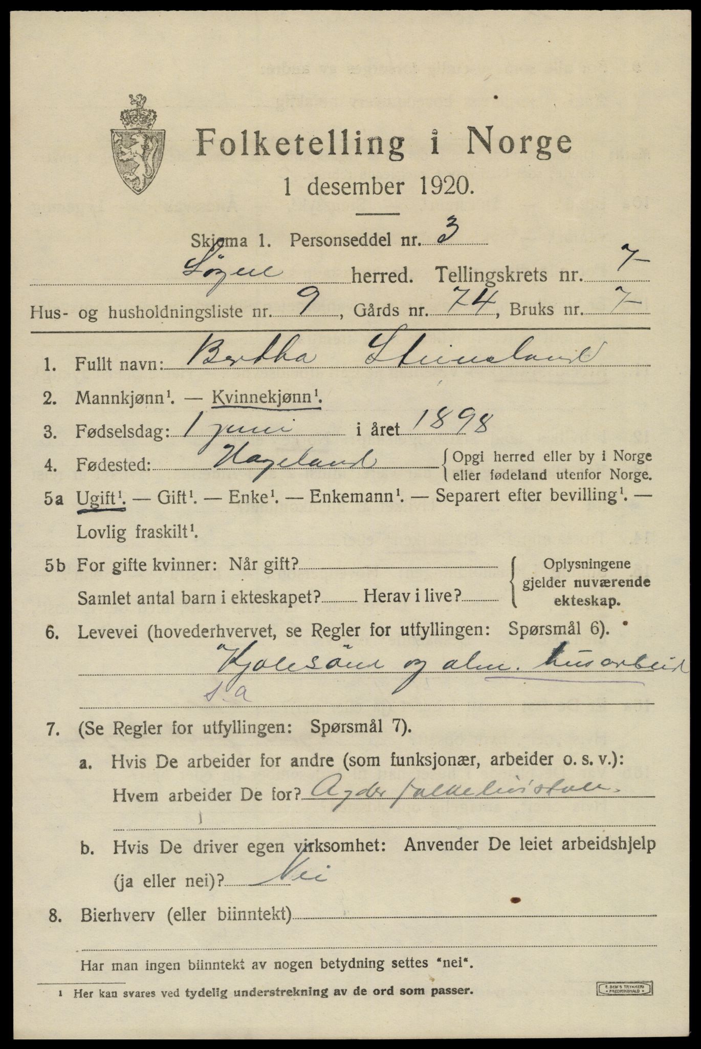 SAK, 1920 census for Søgne, 1920, p. 3561