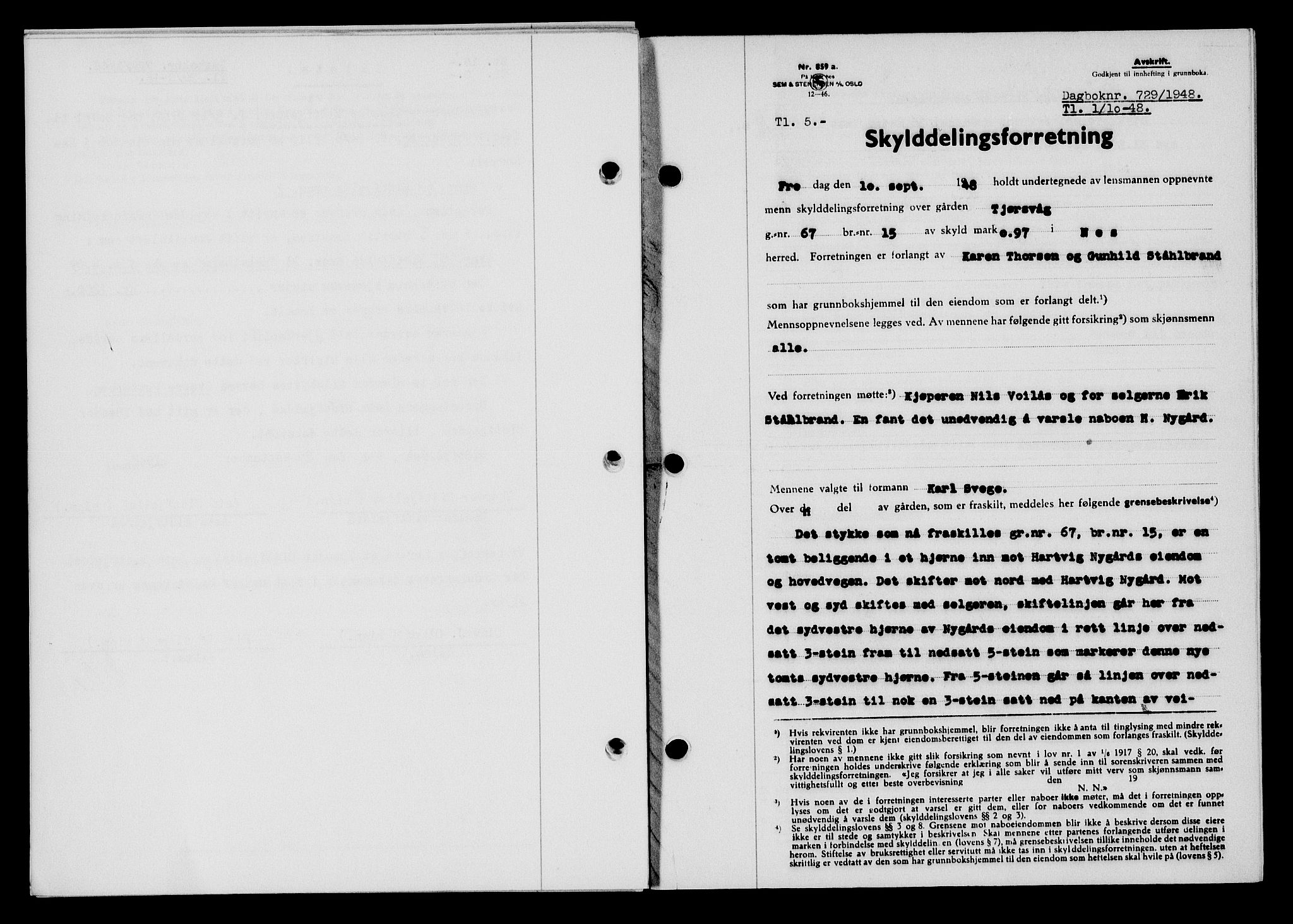 Flekkefjord sorenskriveri, SAK/1221-0001/G/Gb/Gba/L0064: Mortgage book no. A-12, 1948-1949, Diary no: : 729/1948