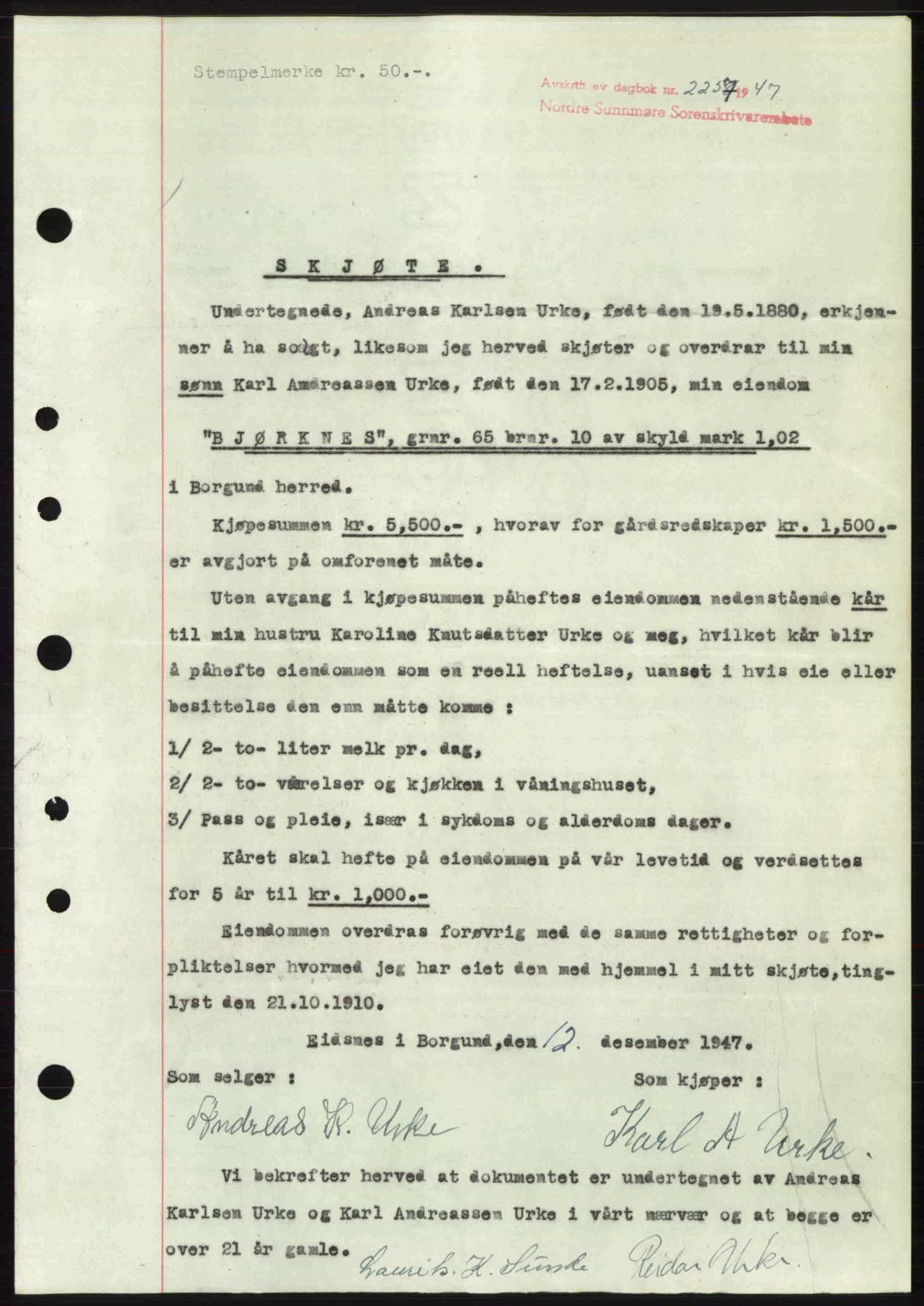 Nordre Sunnmøre sorenskriveri, AV/SAT-A-0006/1/2/2C/2Ca: Mortgage book no. A26, 1947-1948, Diary no: : 2257/1947