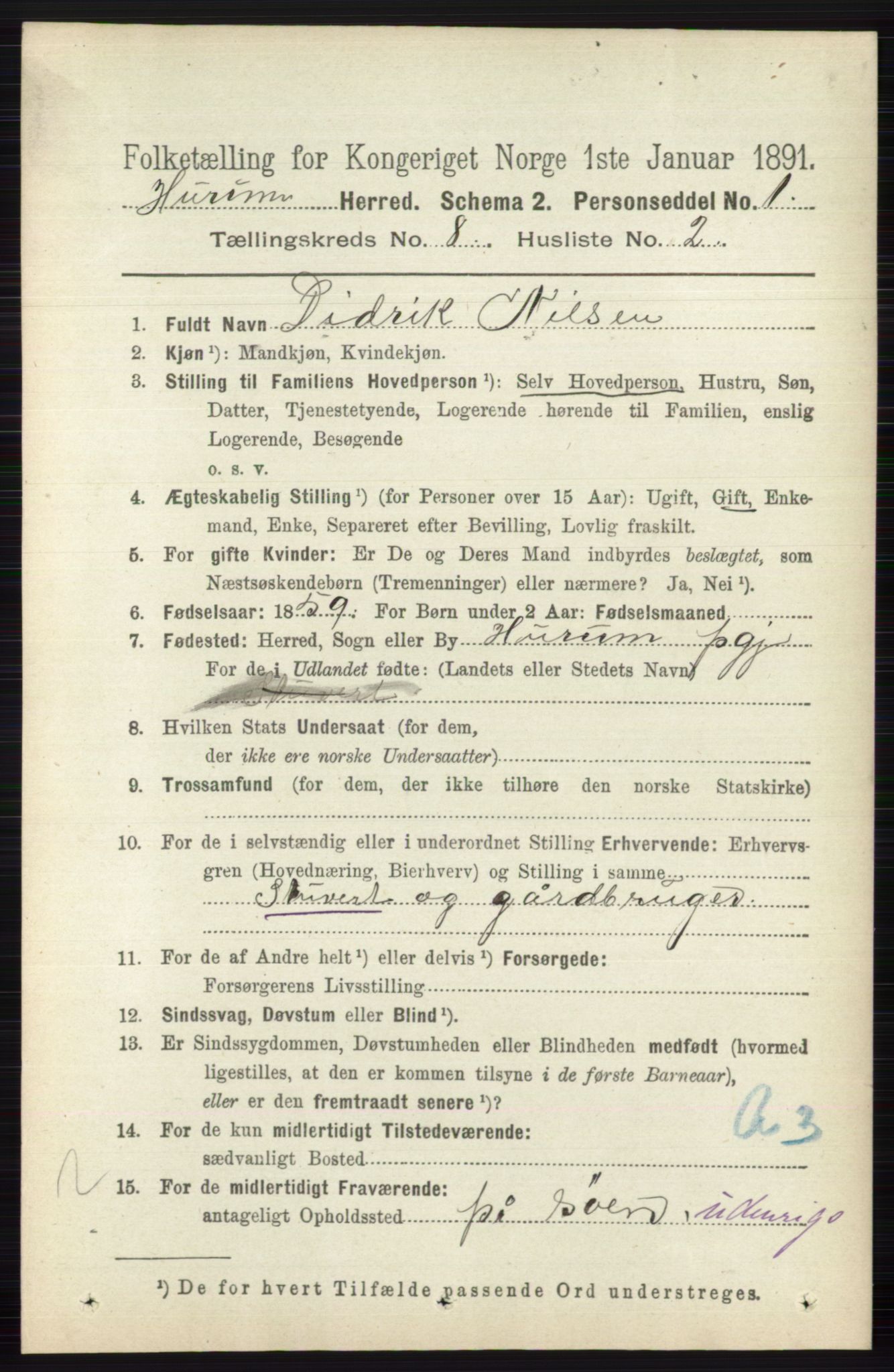 RA, 1891 census for 0628 Hurum, 1891, p. 2663