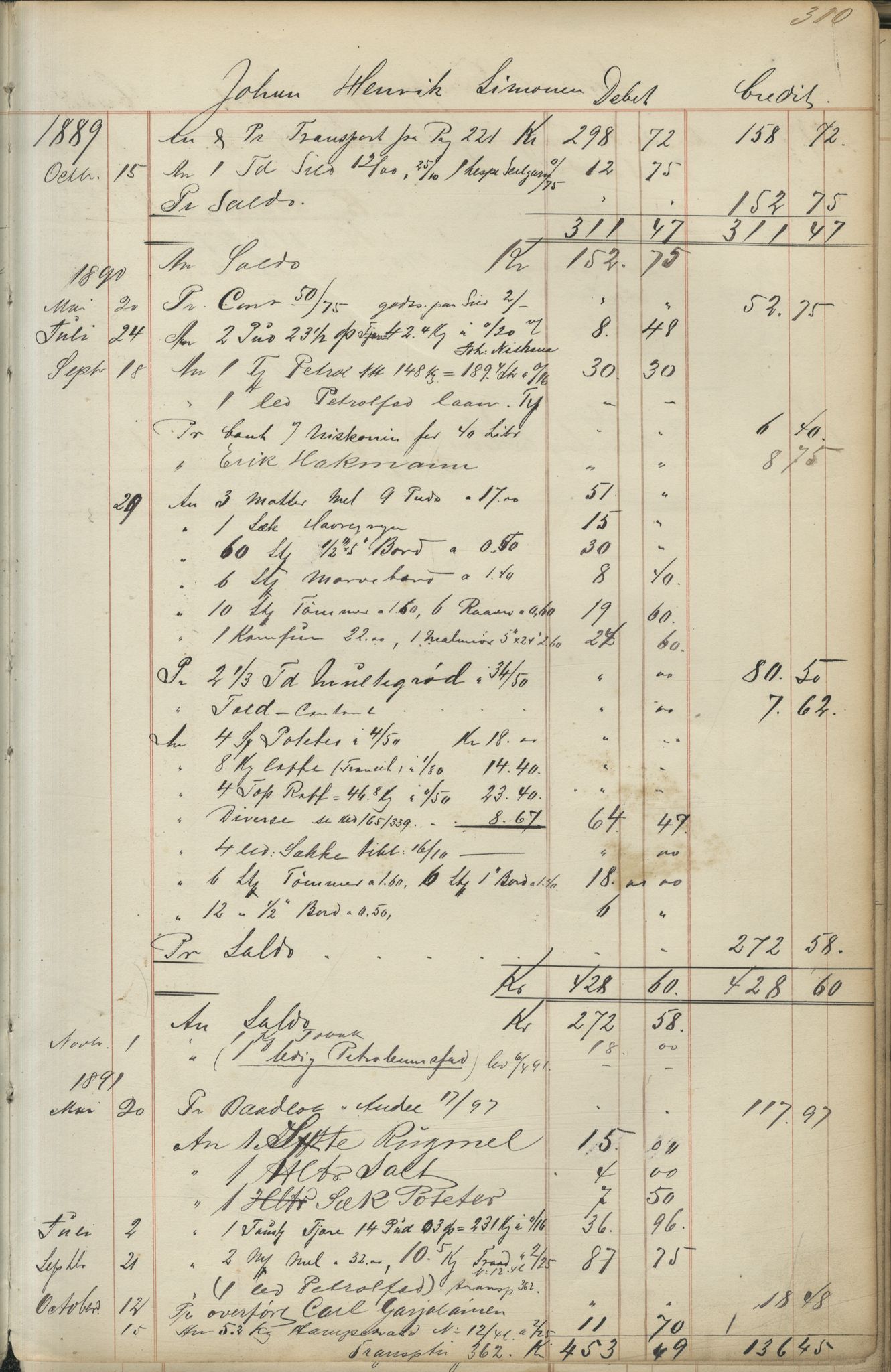 Brodtkorb handel A/S, VAMU/A-0001/F/Fc/L0001/0001: Konto for kvener og nordmenn på Kolahalvøya  / Conto for Kvæner og Nordmænd paa Russefinmarken No 1, 1868-1894, p. 310