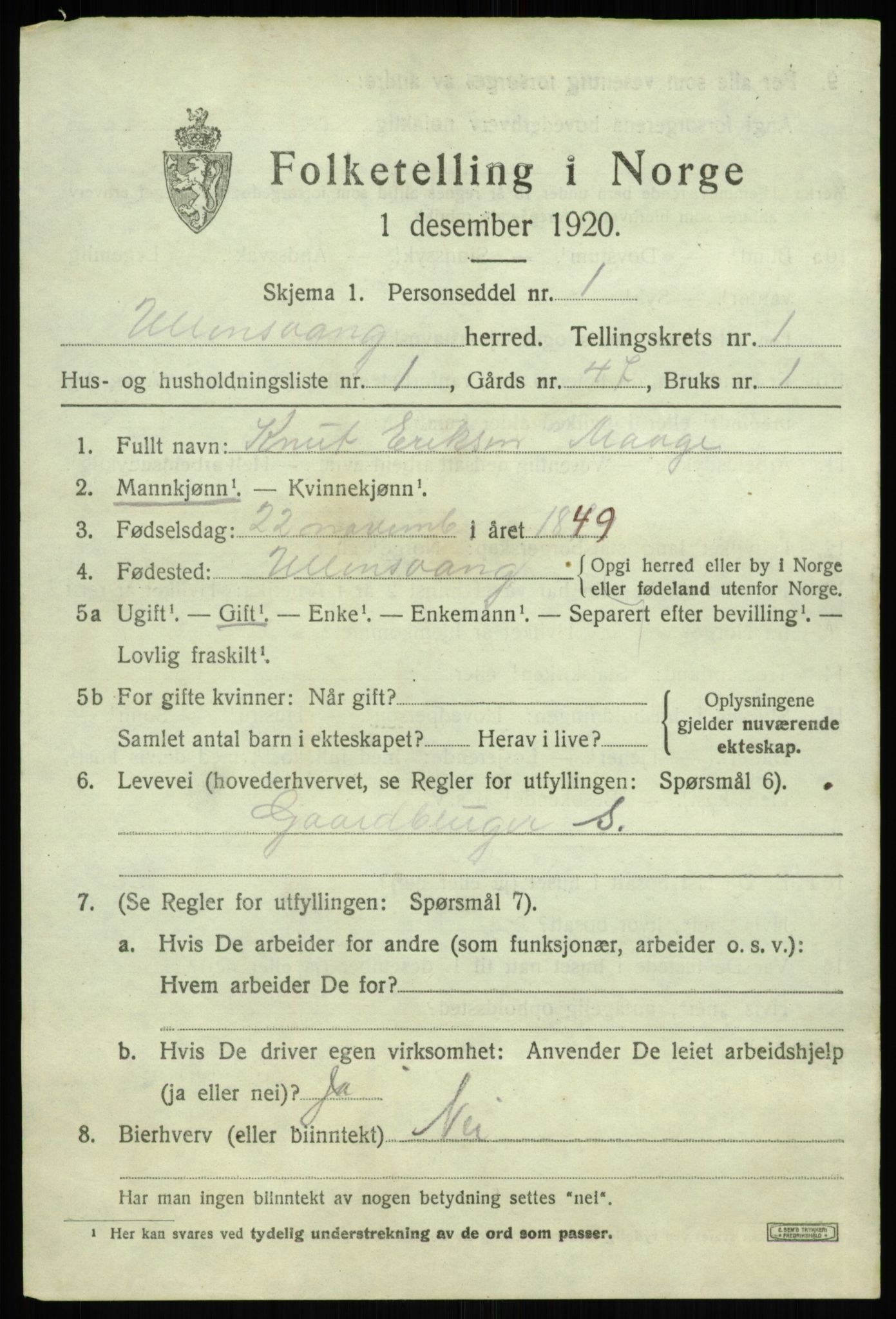 SAB, 1920 census for Ullensvang, 1920, p. 780