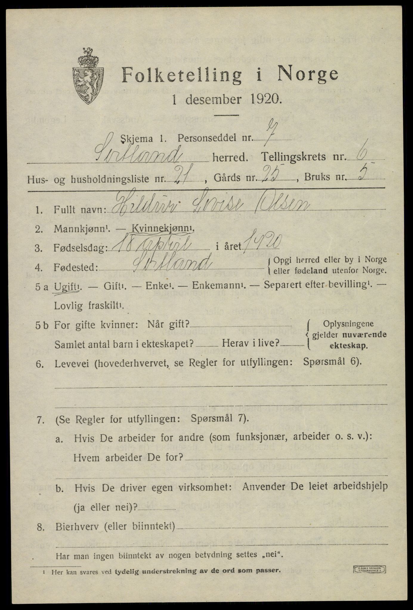 SAT, 1920 census for Sortland, 1920, p. 6508