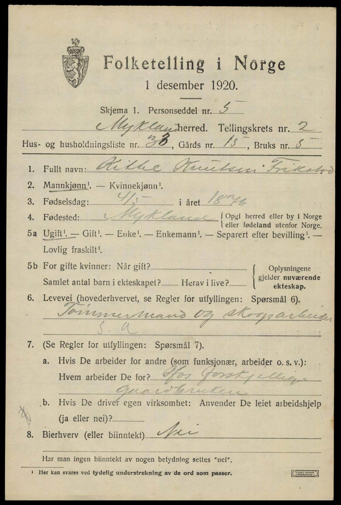 SAK, 1920 census for Mykland, 1920, p. 1120