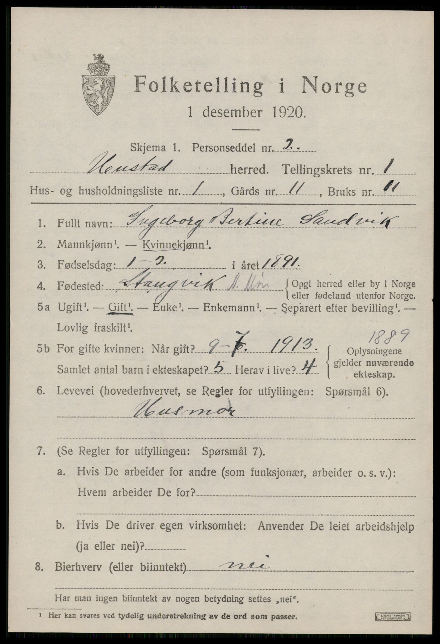 SAT, 1920 census for Hustad, 1920, p. 735