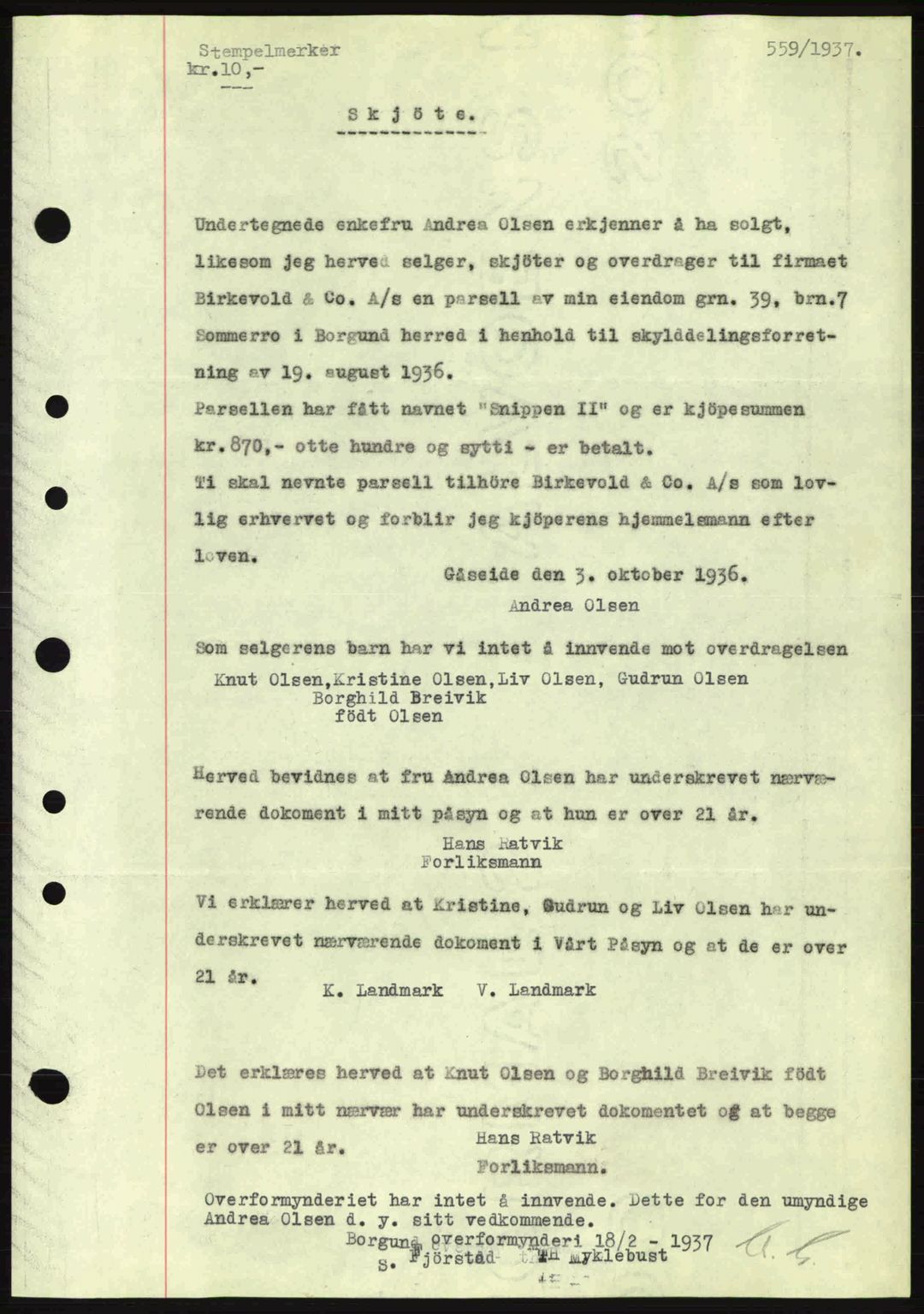 Nordre Sunnmøre sorenskriveri, AV/SAT-A-0006/1/2/2C/2Ca: Mortgage book no. A2, 1936-1937, Diary no: : 559/1937