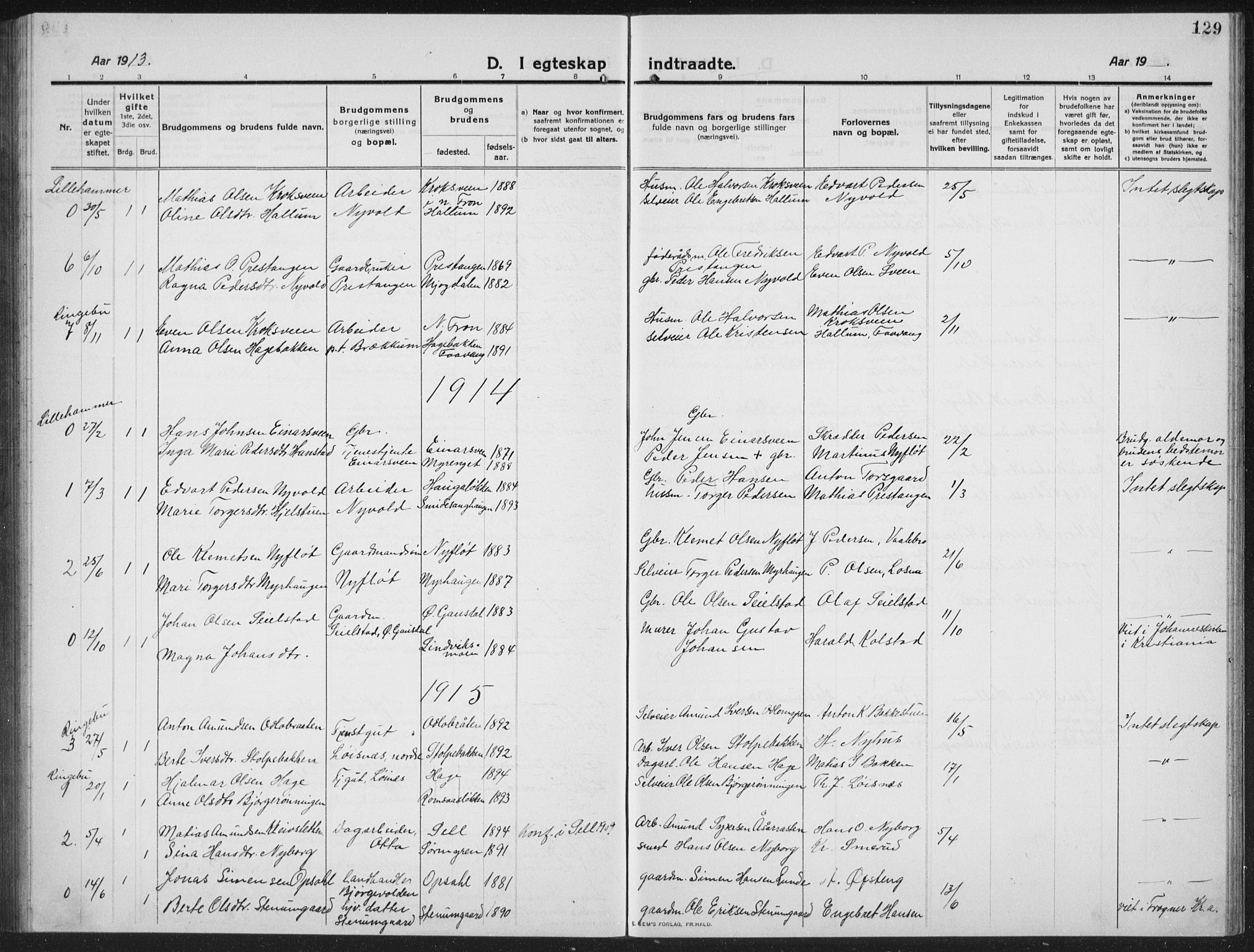 Ringebu prestekontor, AV/SAH-PREST-082/H/Ha/Hab/L0010: Parish register (copy) no. 10, 1911-1934, p. 129
