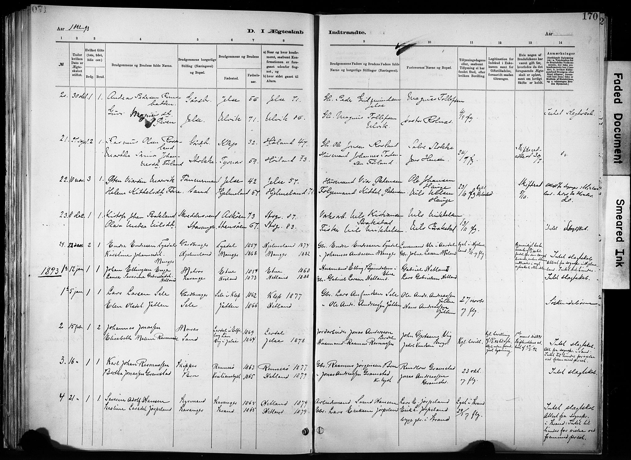 Hetland sokneprestkontor, SAST/A-101826/30/30BA/L0011: Parish register (official) no. A 11, 1884-1911, p. 170