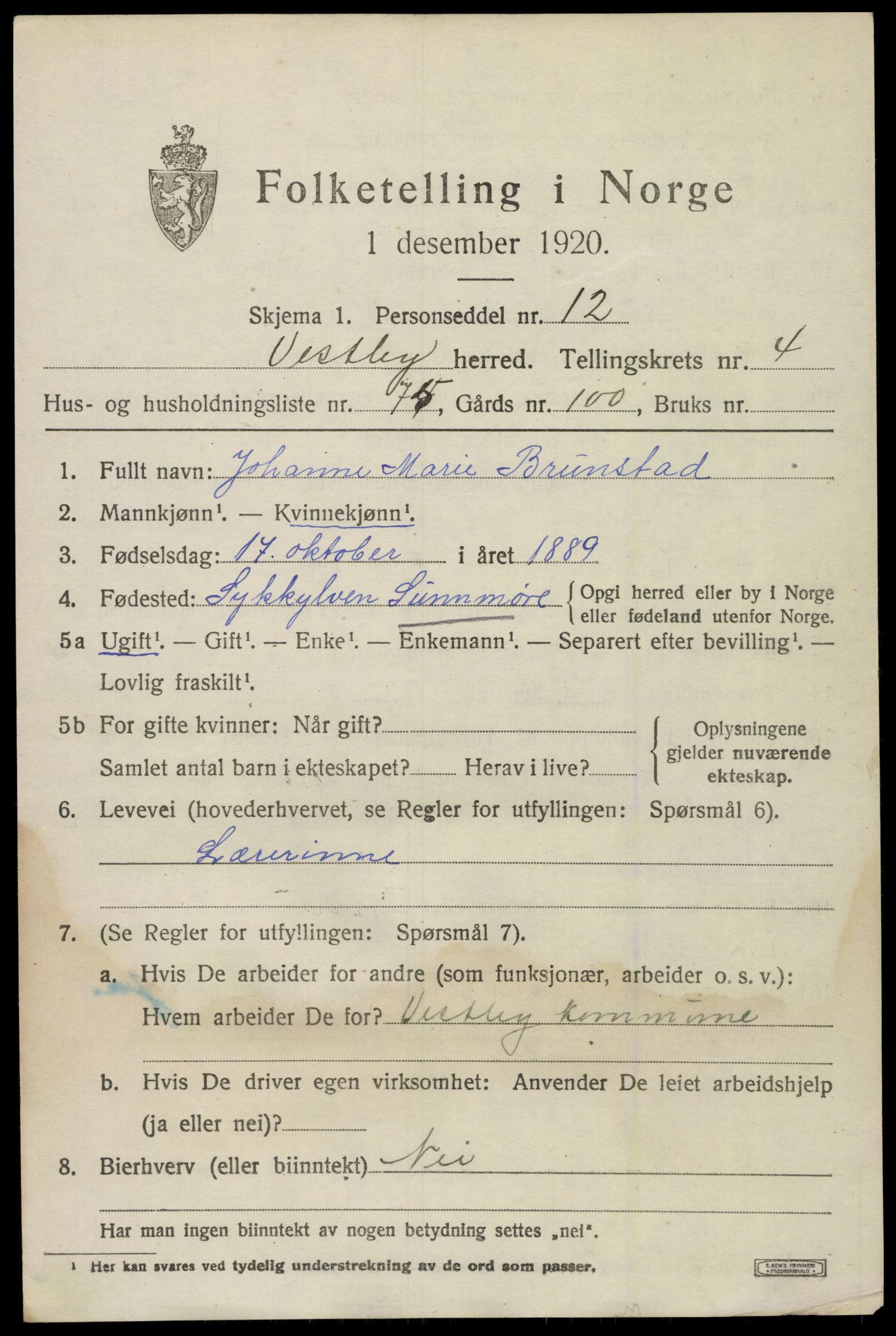 SAO, 1920 census for Vestby, 1920, p. 5275