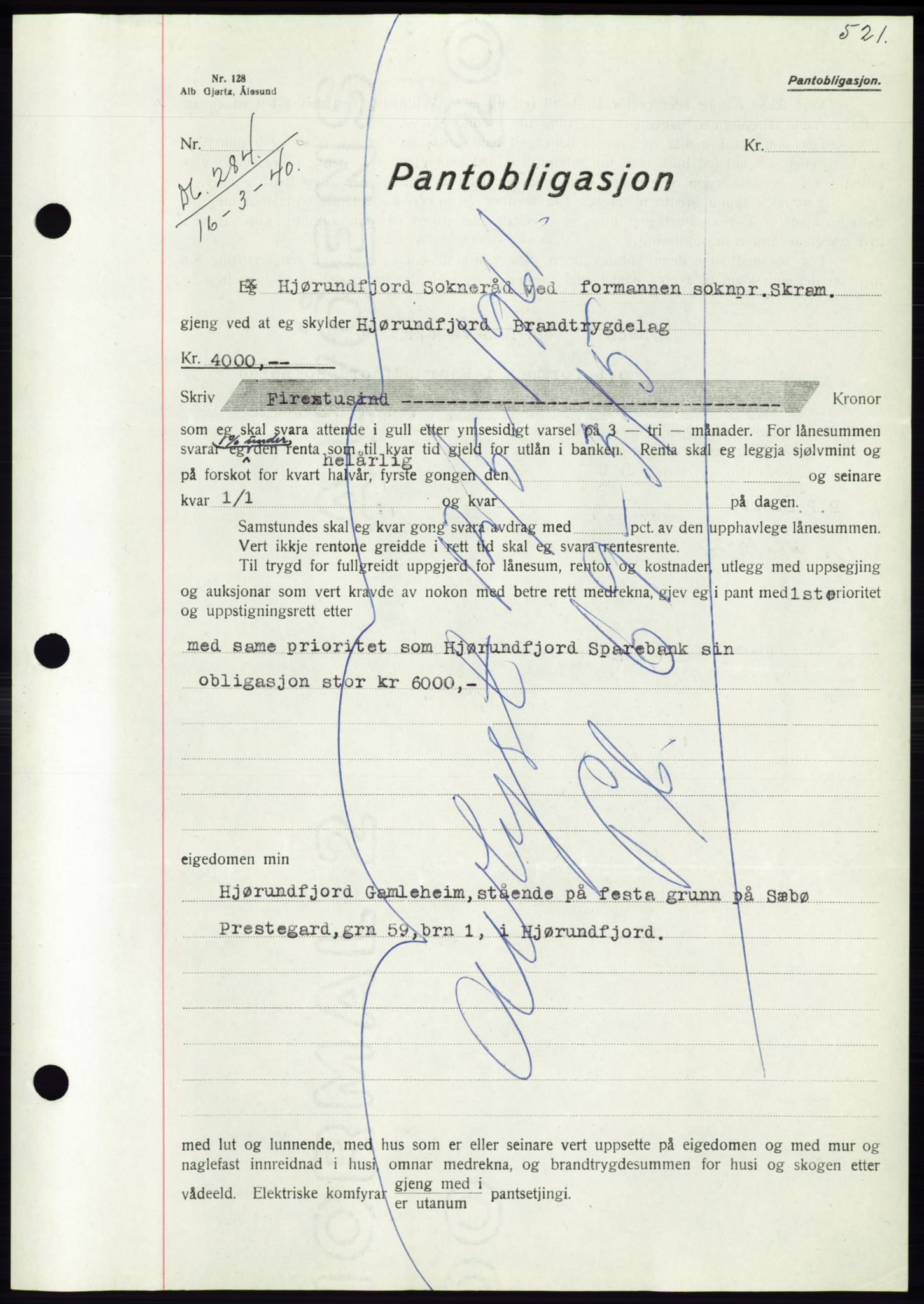 Søre Sunnmøre sorenskriveri, AV/SAT-A-4122/1/2/2C/L0069: Mortgage book no. 63, 1939-1940, Diary no: : 284/1940