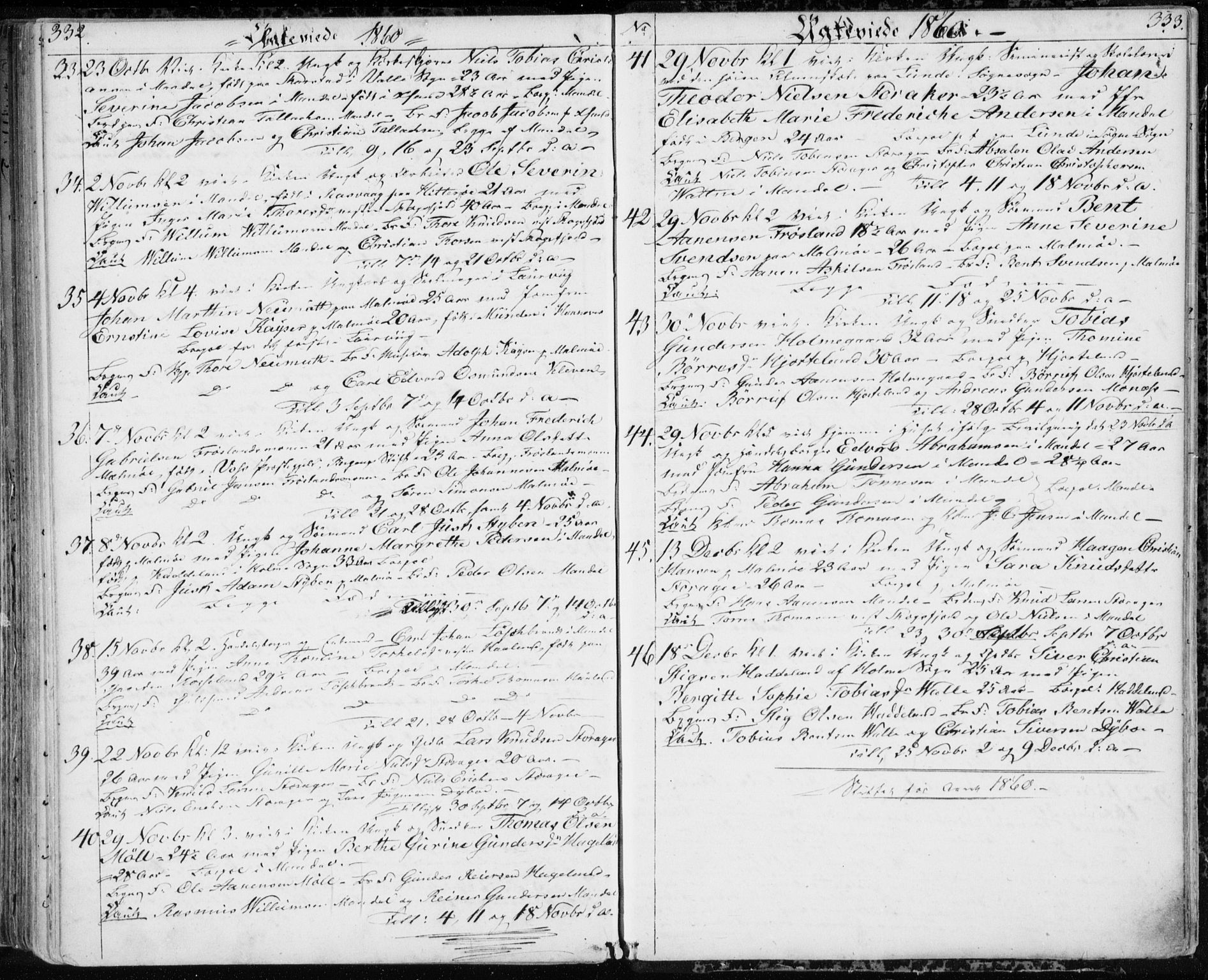 Mandal sokneprestkontor, SAK/1111-0030/F/Fb/Fba/L0008: Parish register (copy) no. B 2, 1854-1868, p. 332-333