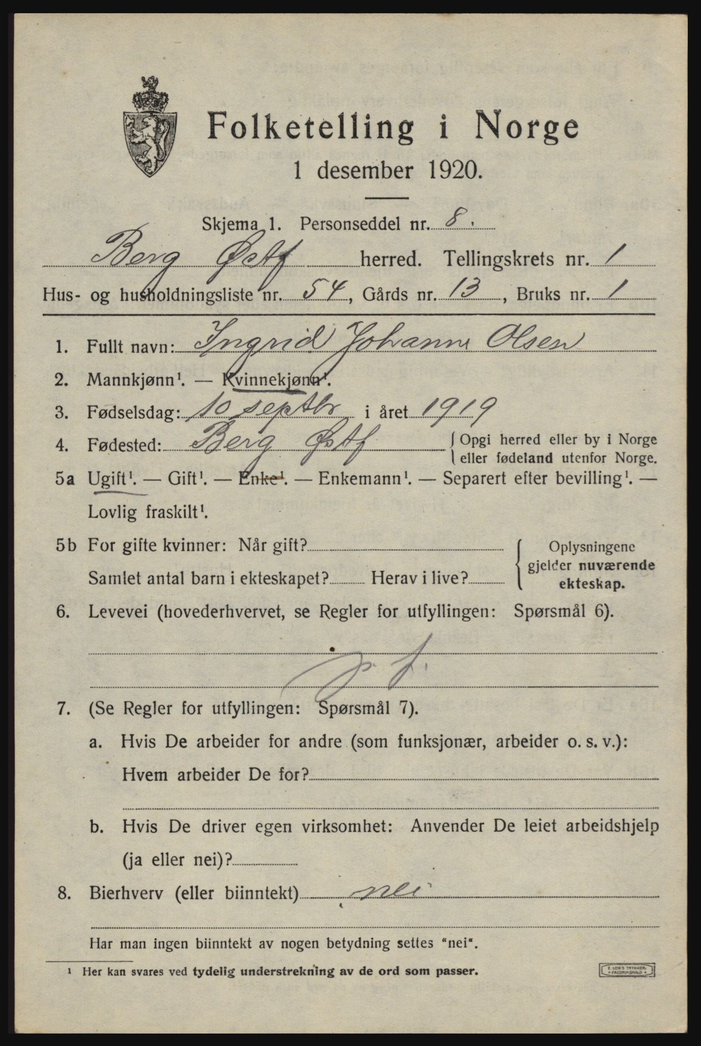 SAO, 1920 census for Berg, 1920, p. 2741