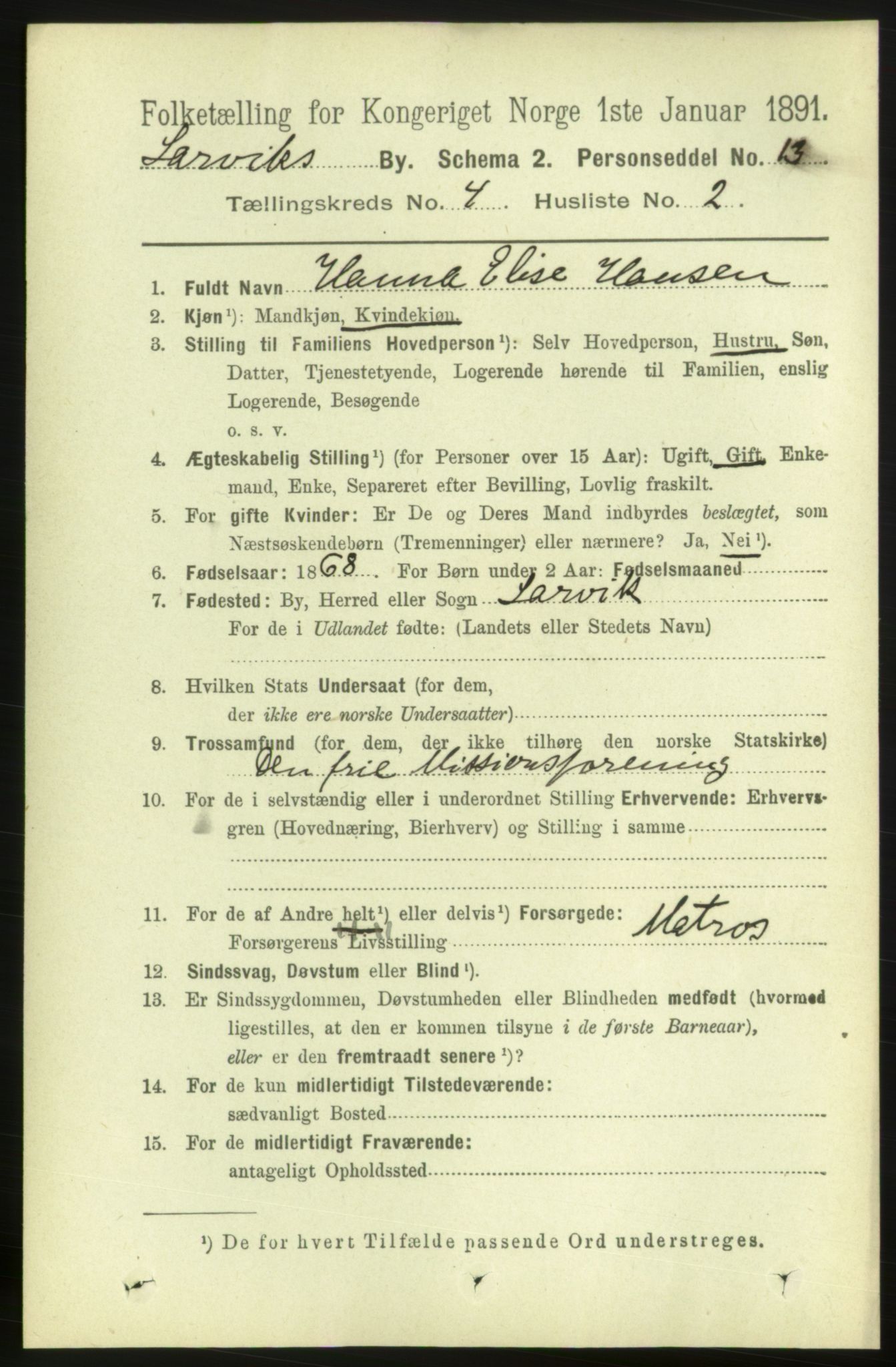 RA, 1891 census for 0707 Larvik, 1891, p. 5089