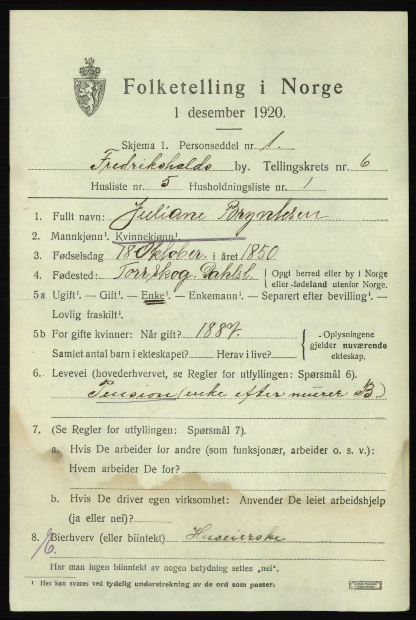 SAO, 1920 census for Fredrikshald, 1920, p. 12896