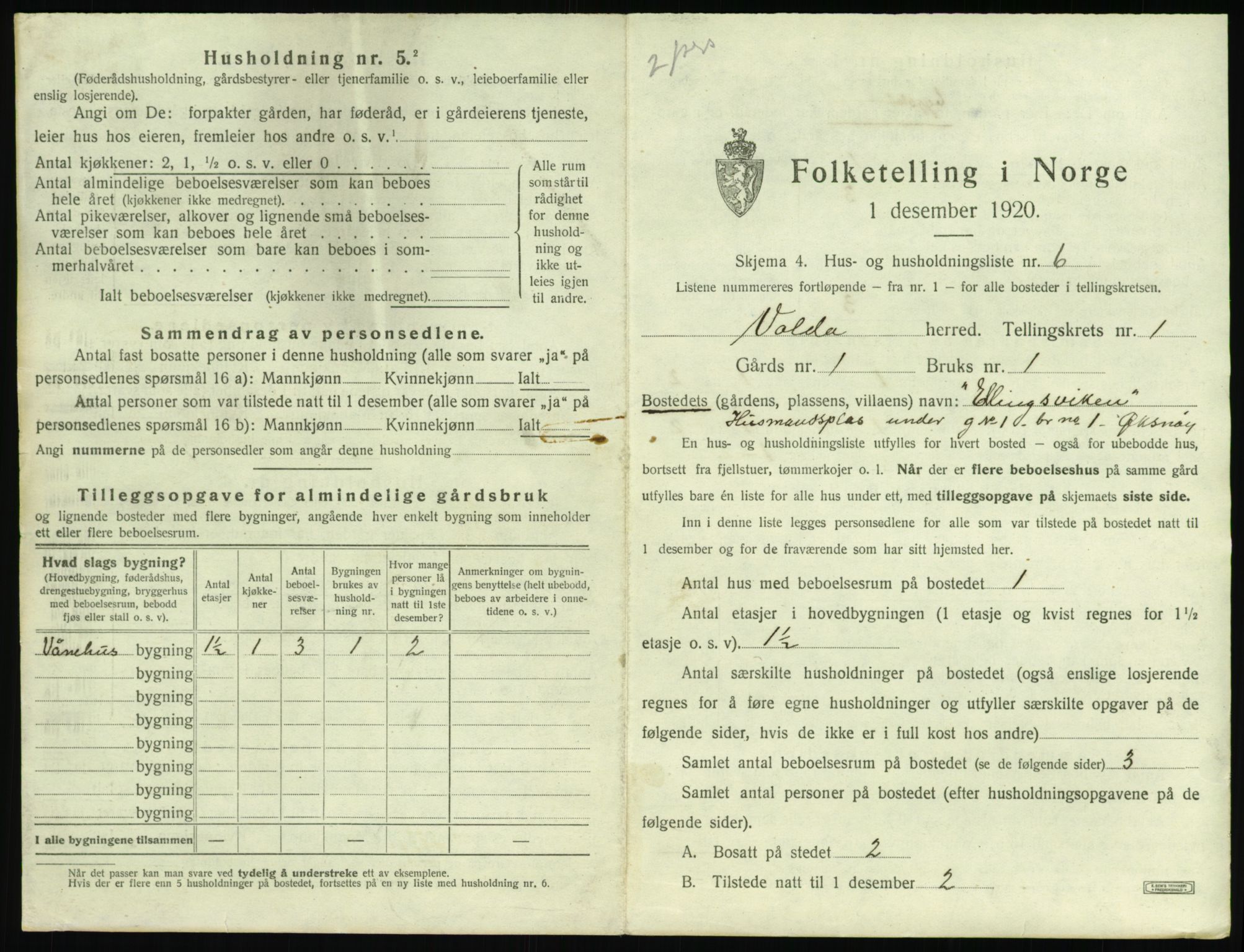 SAT, 1920 census for Volda, 1920, p. 110