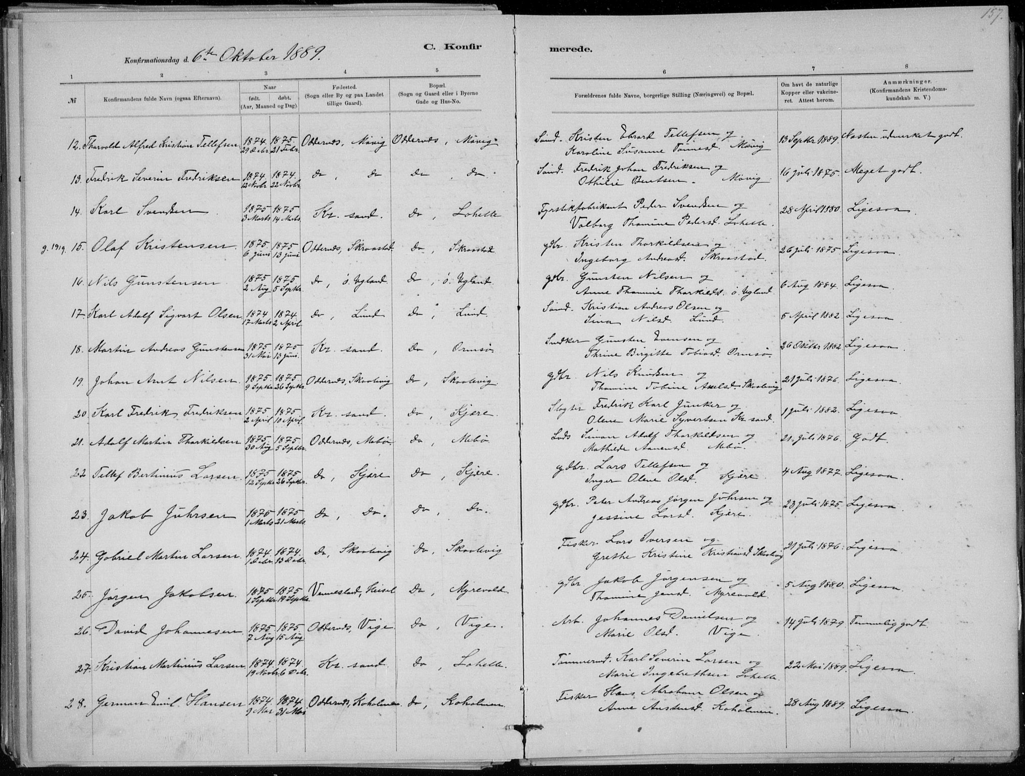 Oddernes sokneprestkontor, AV/SAK-1111-0033/F/Fa/Faa/L0009: Parish register (official) no. A 9, 1884-1896, p. 157