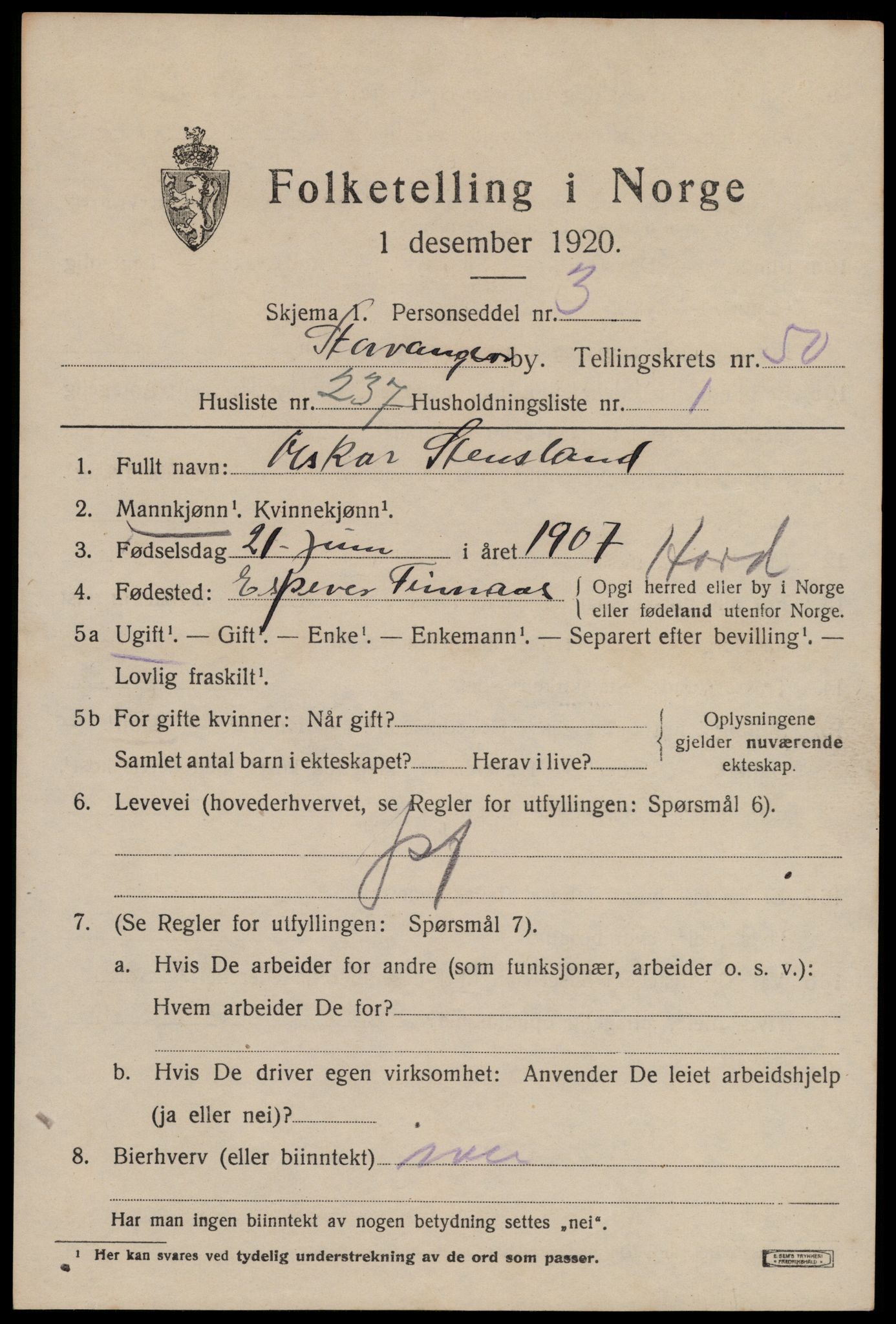 SAST, 1920 census for Stavanger, 1920, p. 122316