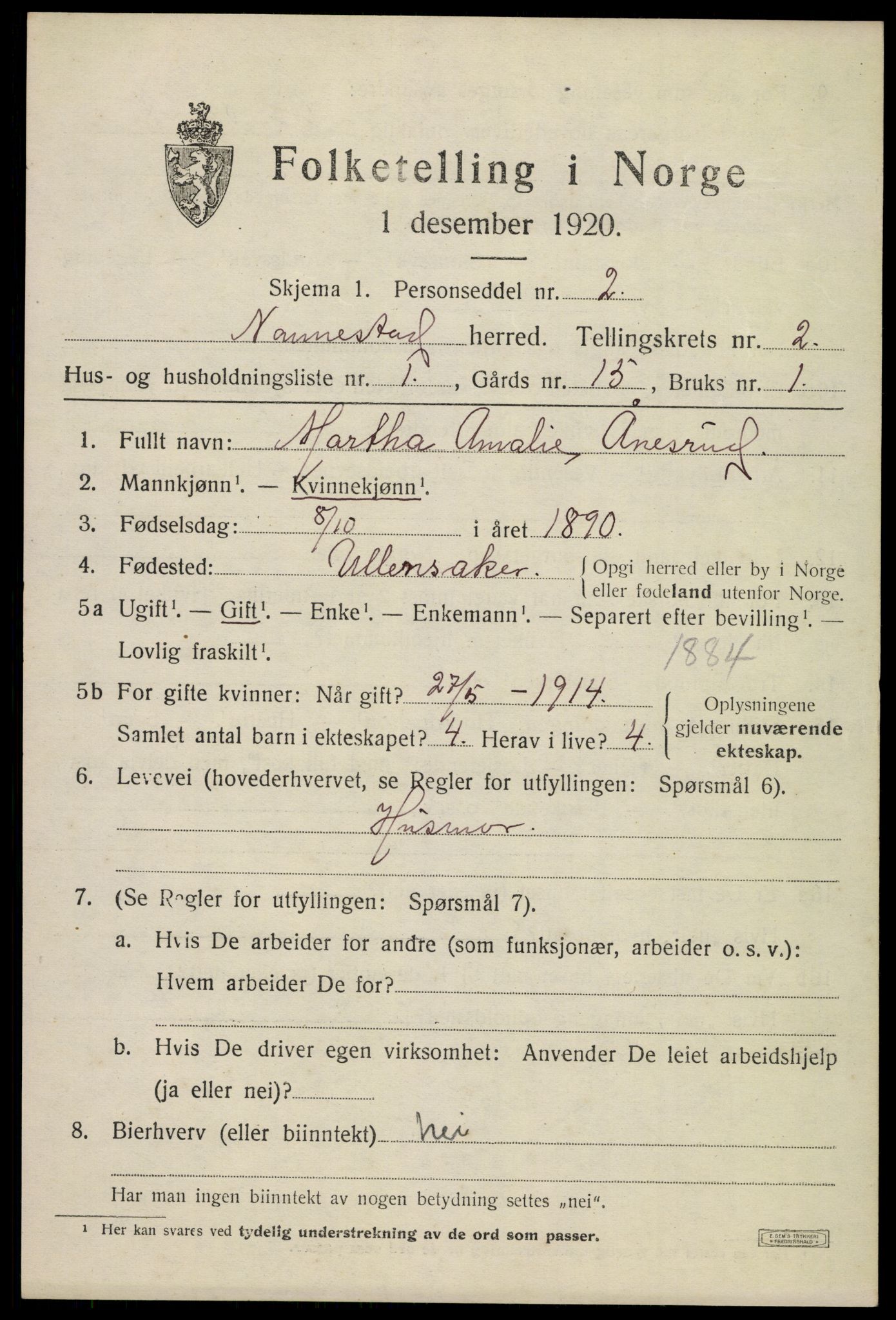 SAO, 1920 census for Nannestad, 1920, p. 2613