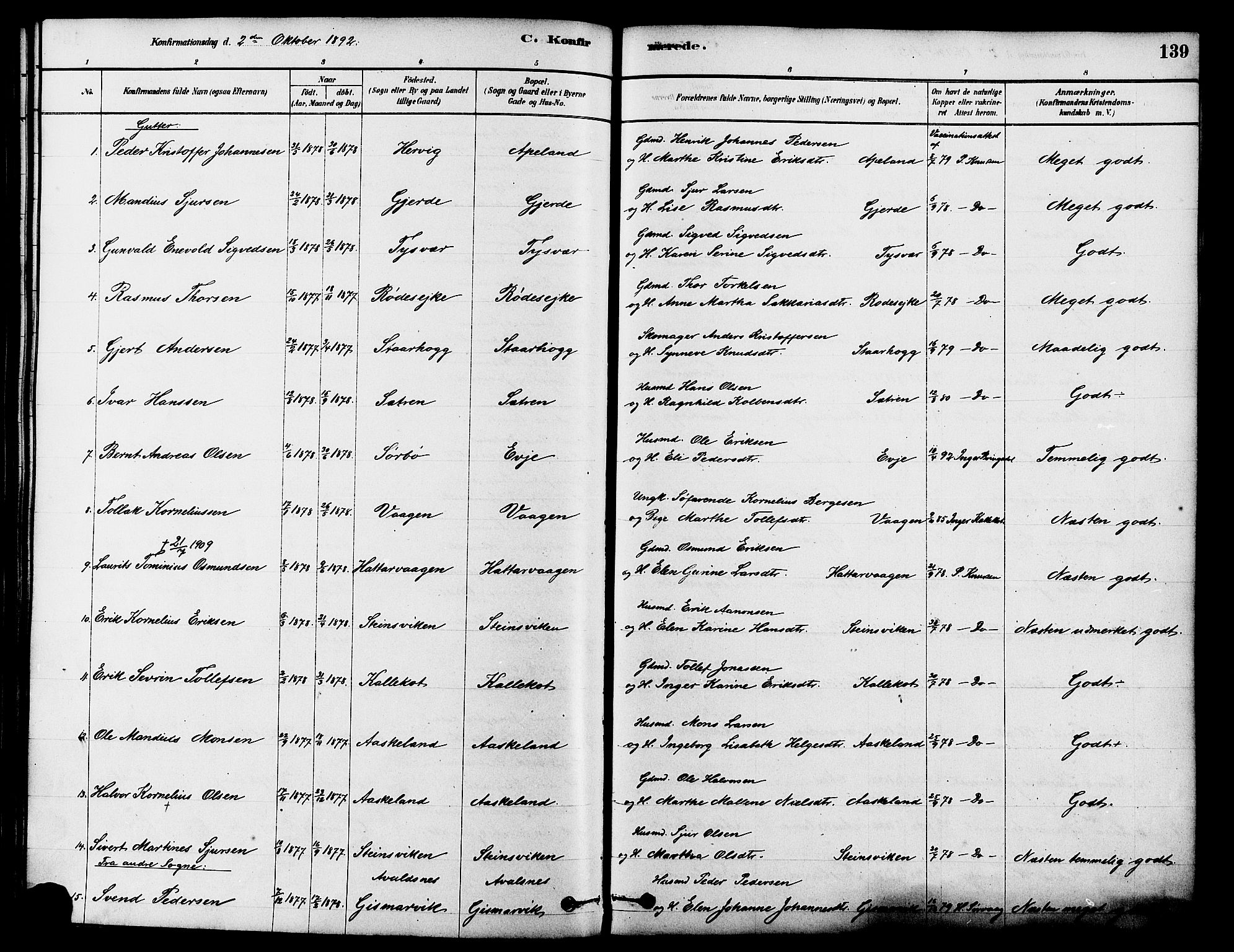 Tysvær sokneprestkontor, SAST/A -101864/H/Ha/Haa/L0006: Parish register (official) no. A 6, 1878-1896, p. 139
