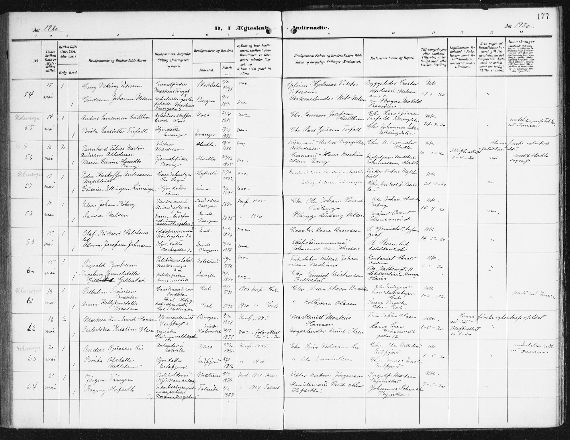 Domkirken sokneprestembete, AV/SAB-A-74801/H/Haa/L0038: Parish register (official) no. D 5, 1906-1921, p. 177