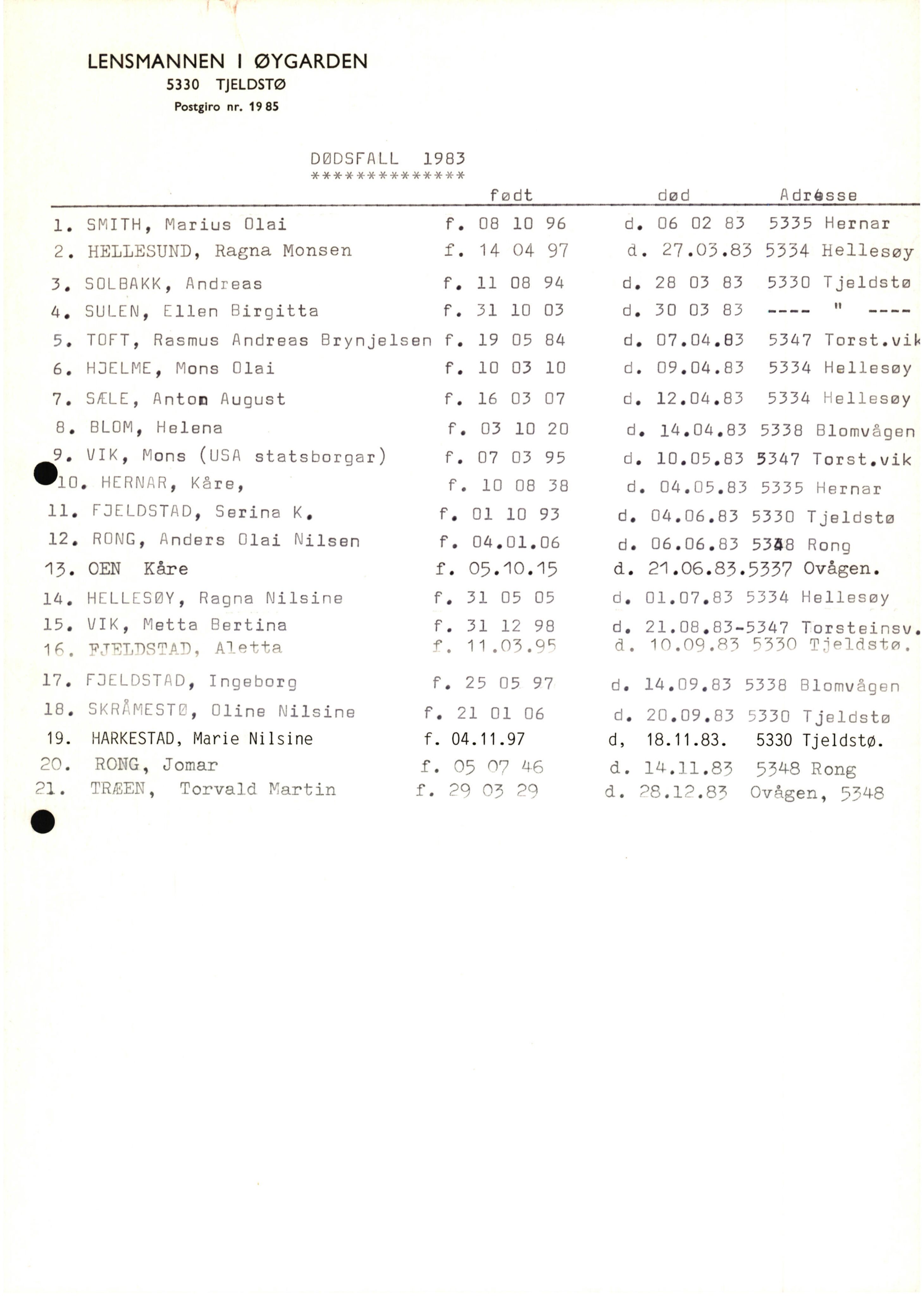 Lensmannen i Øygarden, AV/SAB-A-100155/0006/L0002: Dødsfallprotokoll, 1973-1989, p. 22