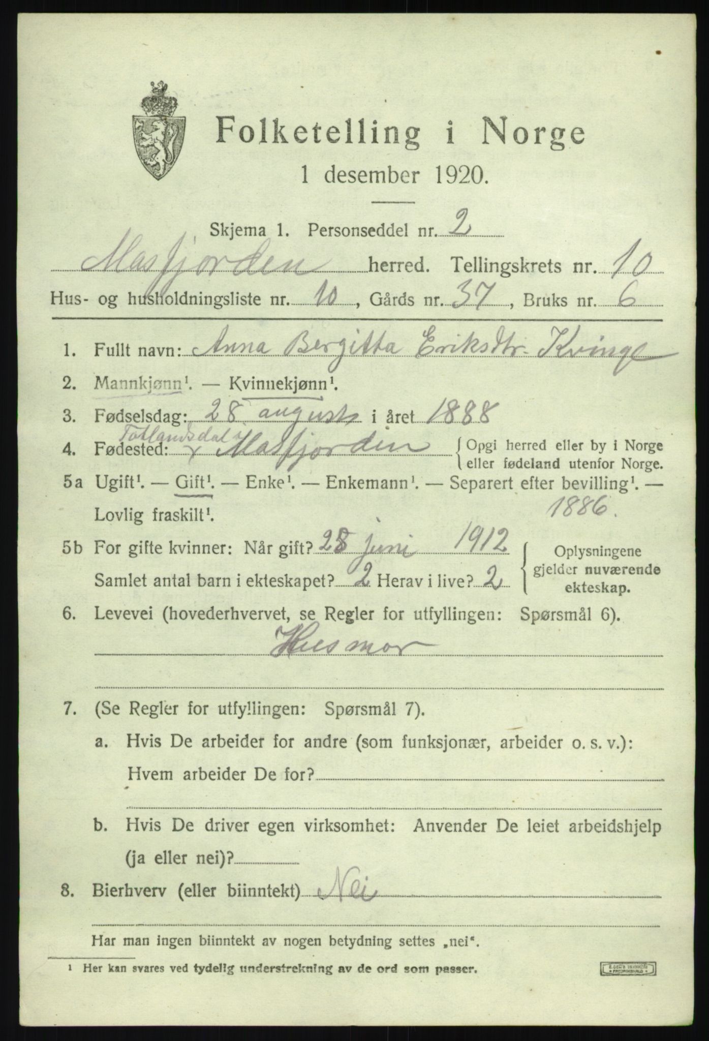 SAB, 1920 census for Masfjorden, 1920, p. 3807