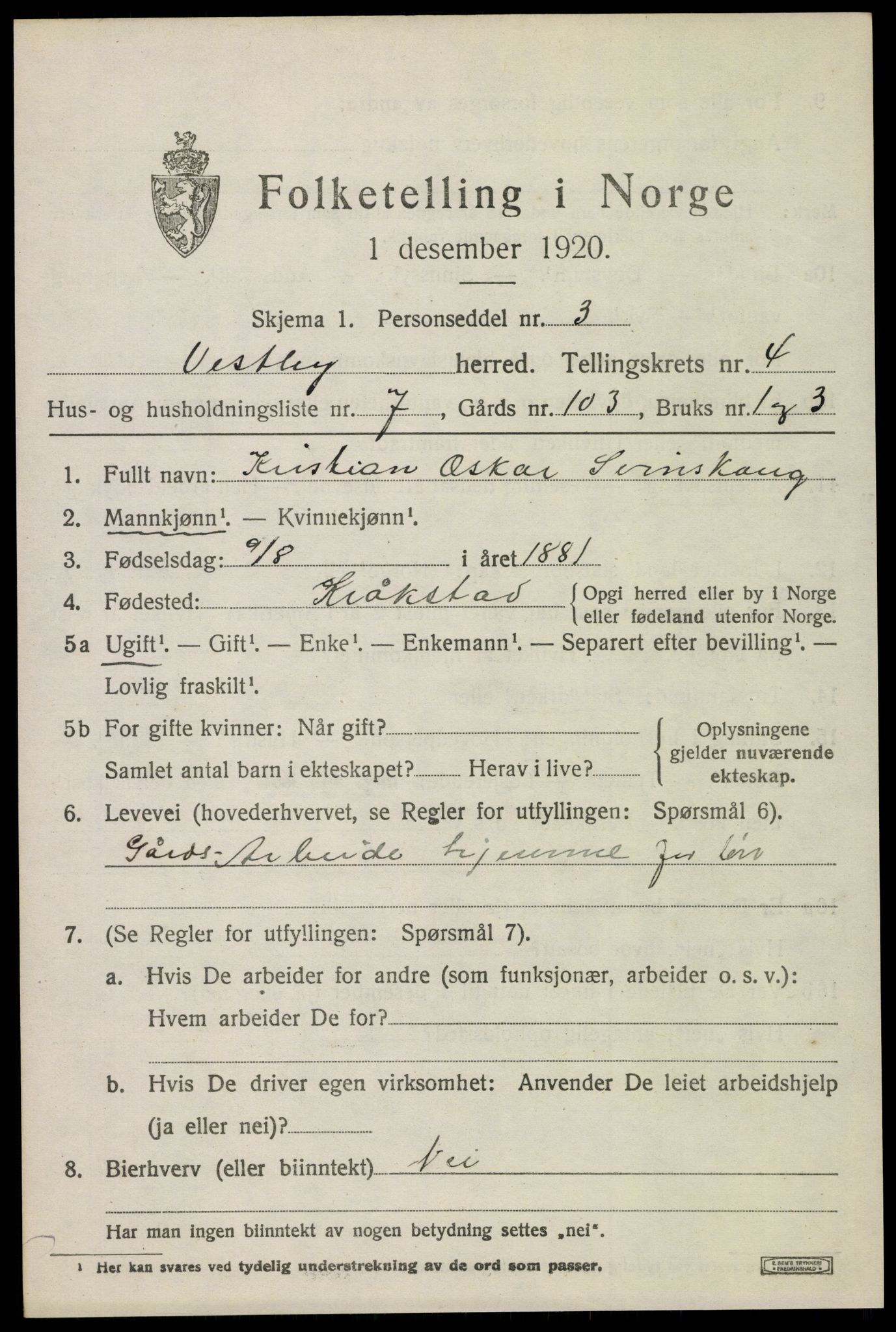 SAO, 1920 census for Vestby, 1920, p. 4531