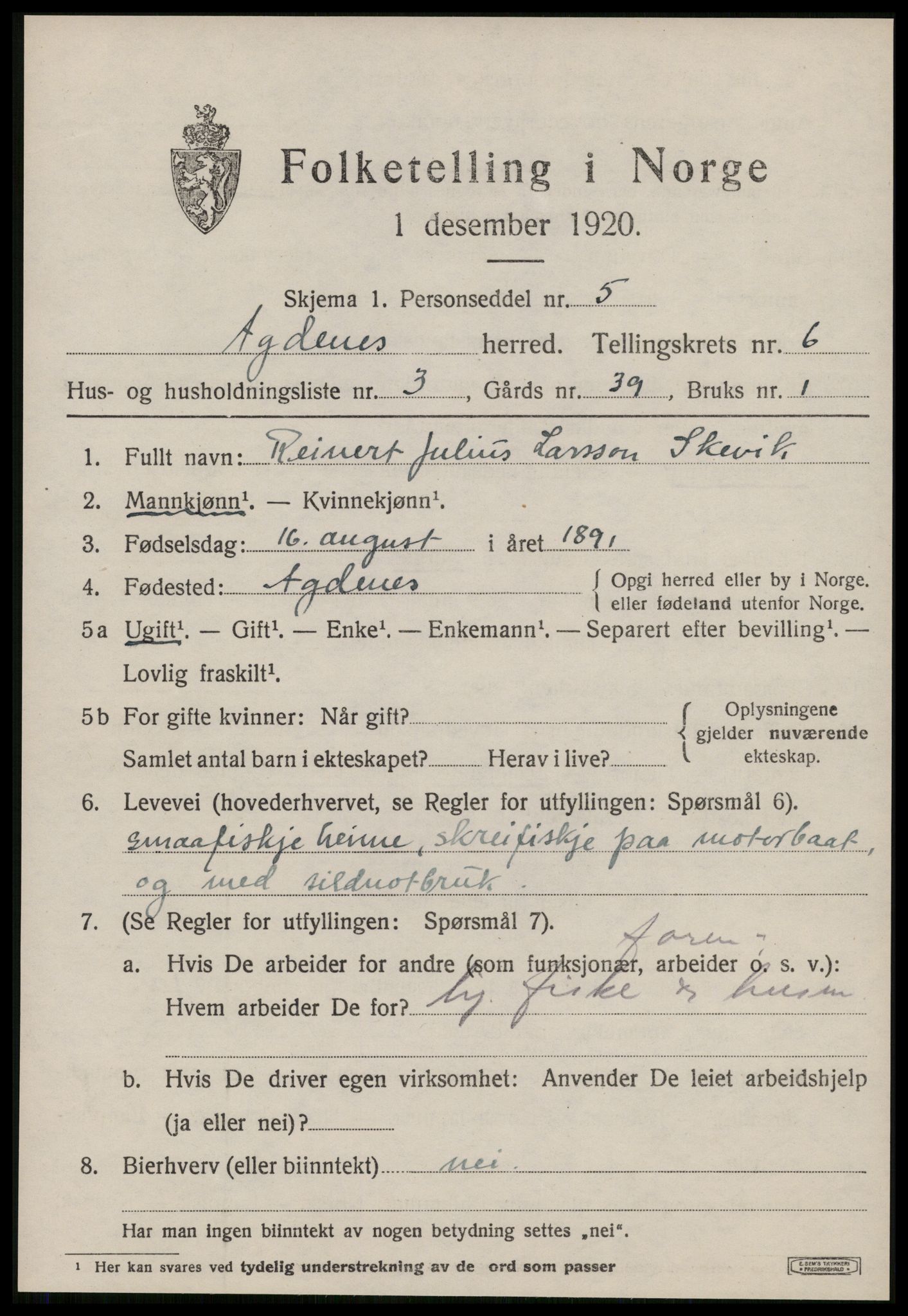 SAT, 1920 census for Agdenes, 1920, p. 2495